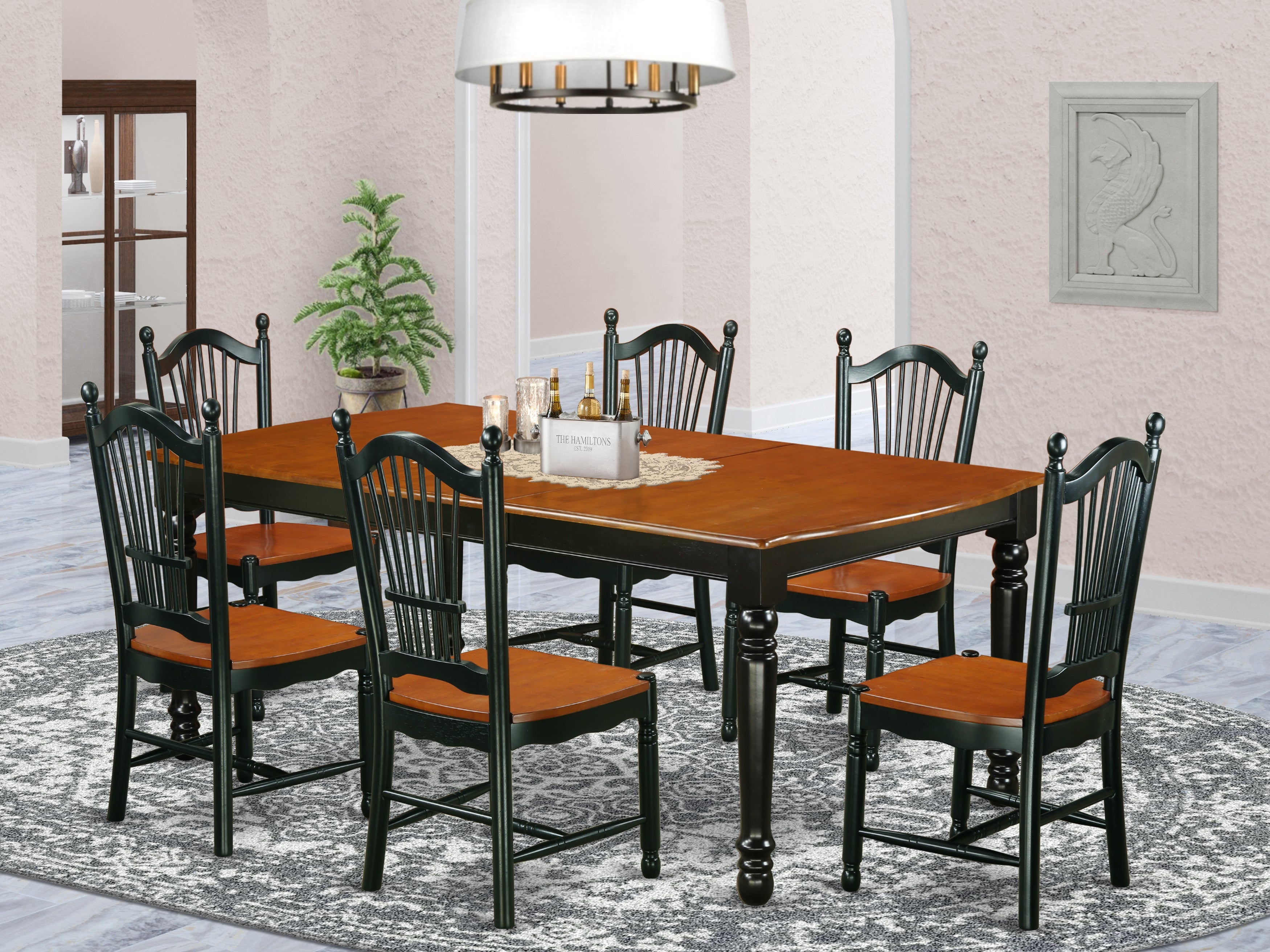 DOVE7-BCH-W 7-Piece table and chair set with one Dover dining room table and 6 dining room chairs in a Black and Cherry Finish