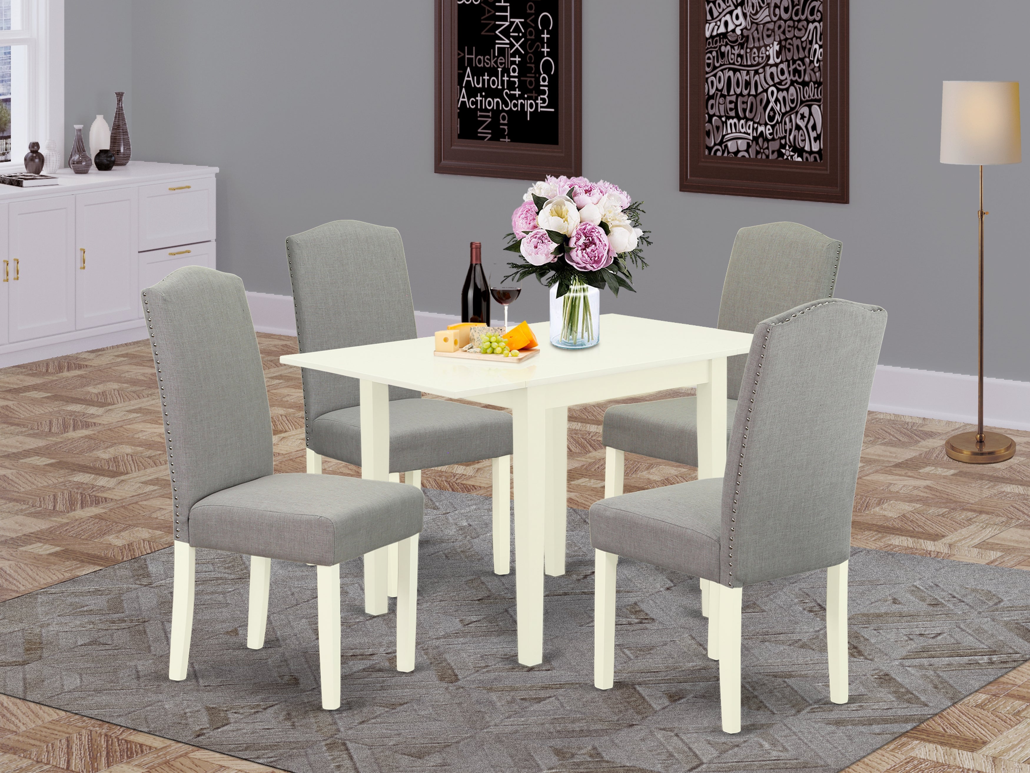 East West Furniture NDEN5-LWH-06 Dinette Set 5 Pcs - Four Kitchen Chairs and a Dinner Table - Linen White Finish Hardwood - Shitake Color Linen Fabric
