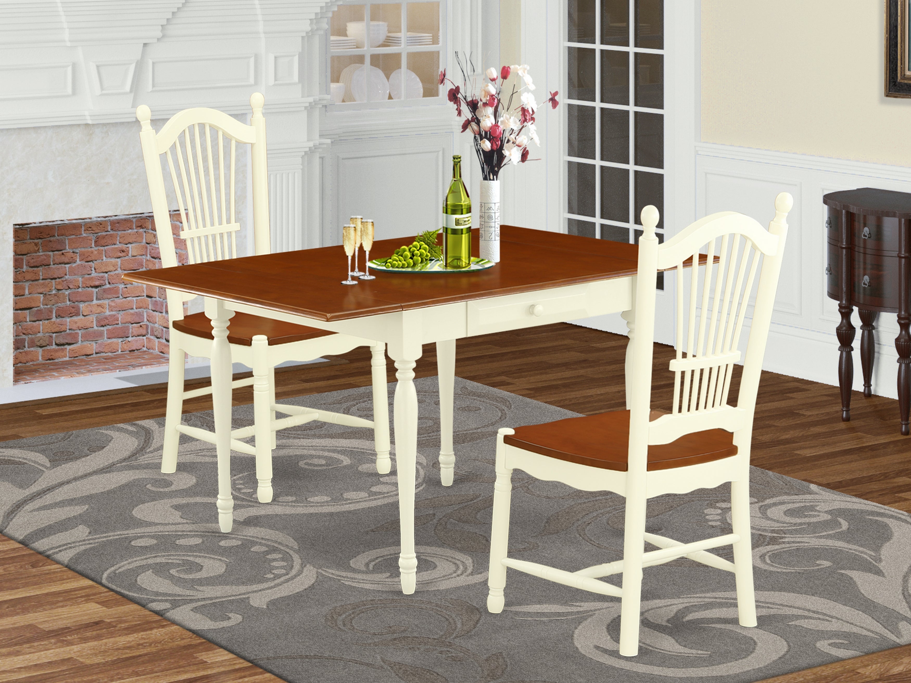 East West Furniture MZDO3-WHI-W 3Pc Kitchen Table Set Offers a Wood Table and 2 Kitchen Chairs with Wooden Seat, Drop Leaf Table with Panel Back Chairs, Buttermilk and Cherry Finish