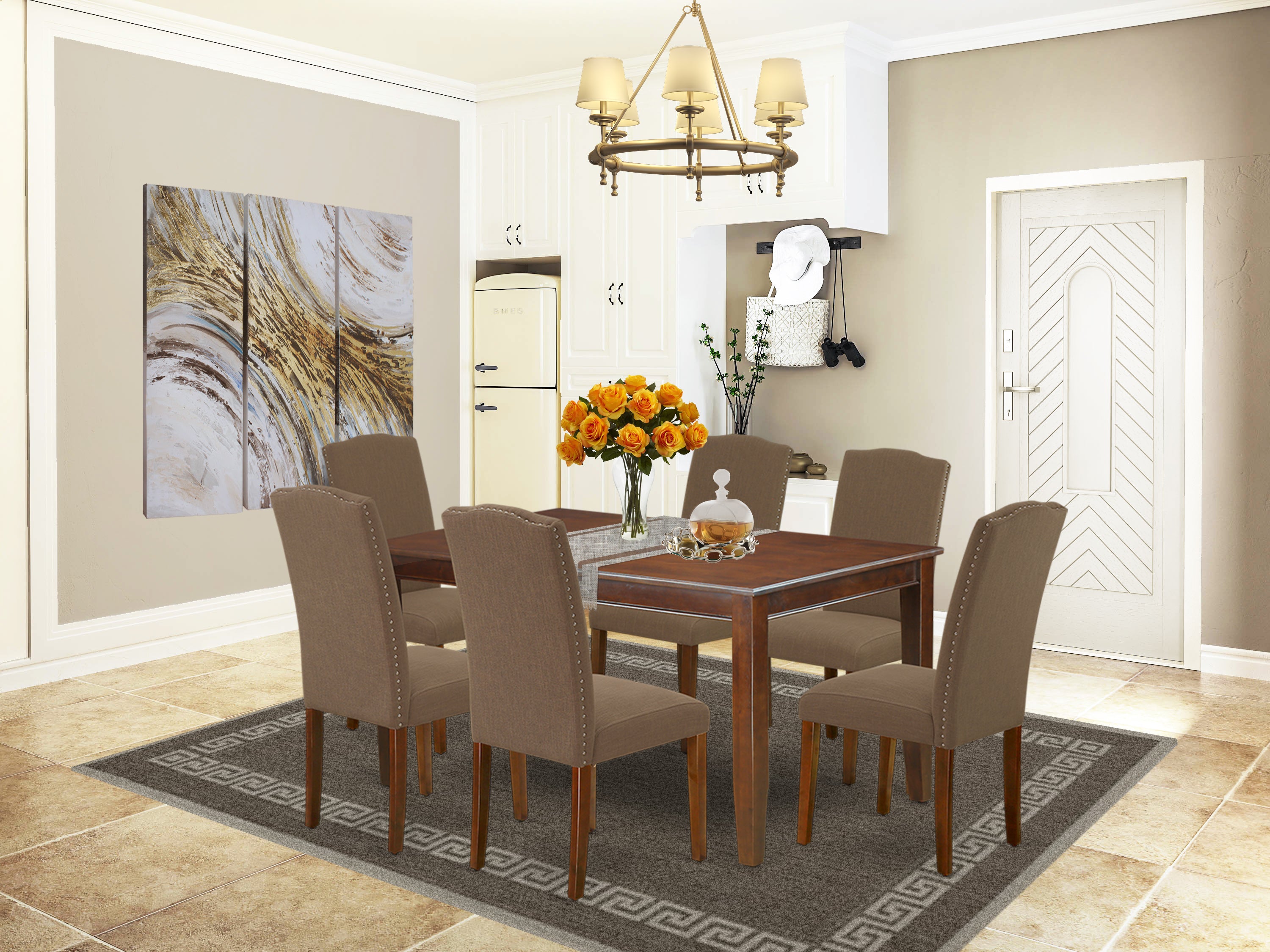 DUEN7-MAH-18 7Pc Rectangular 60 Inch Dining Table And Six Parson Chair With Mahogany Leg And Linen Fabric Dark Coffee