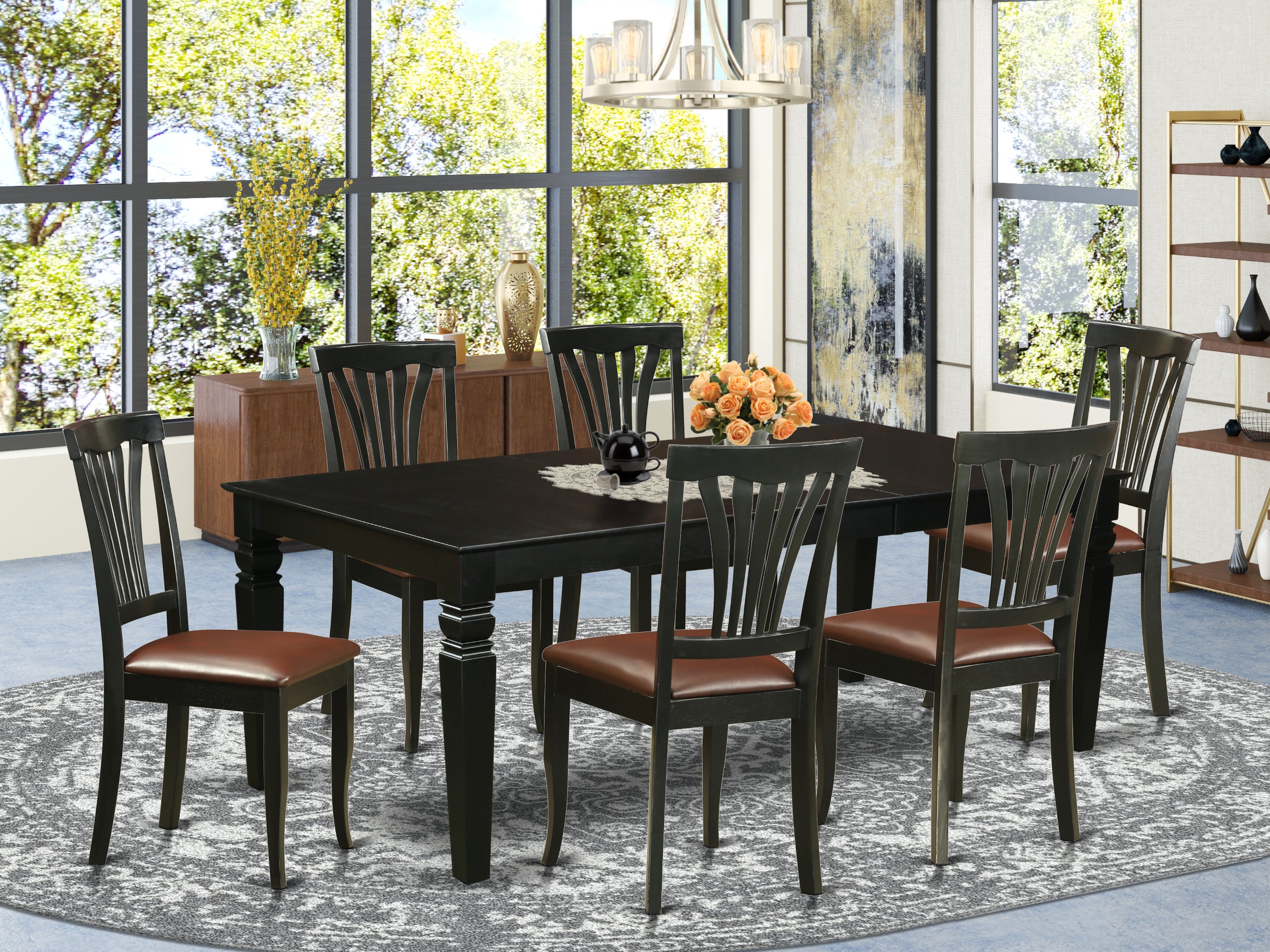 LGAV7-BLK-LC 7 Pc Dining Room set with a Dining Table and 6 Leather Dining Chairs in Black