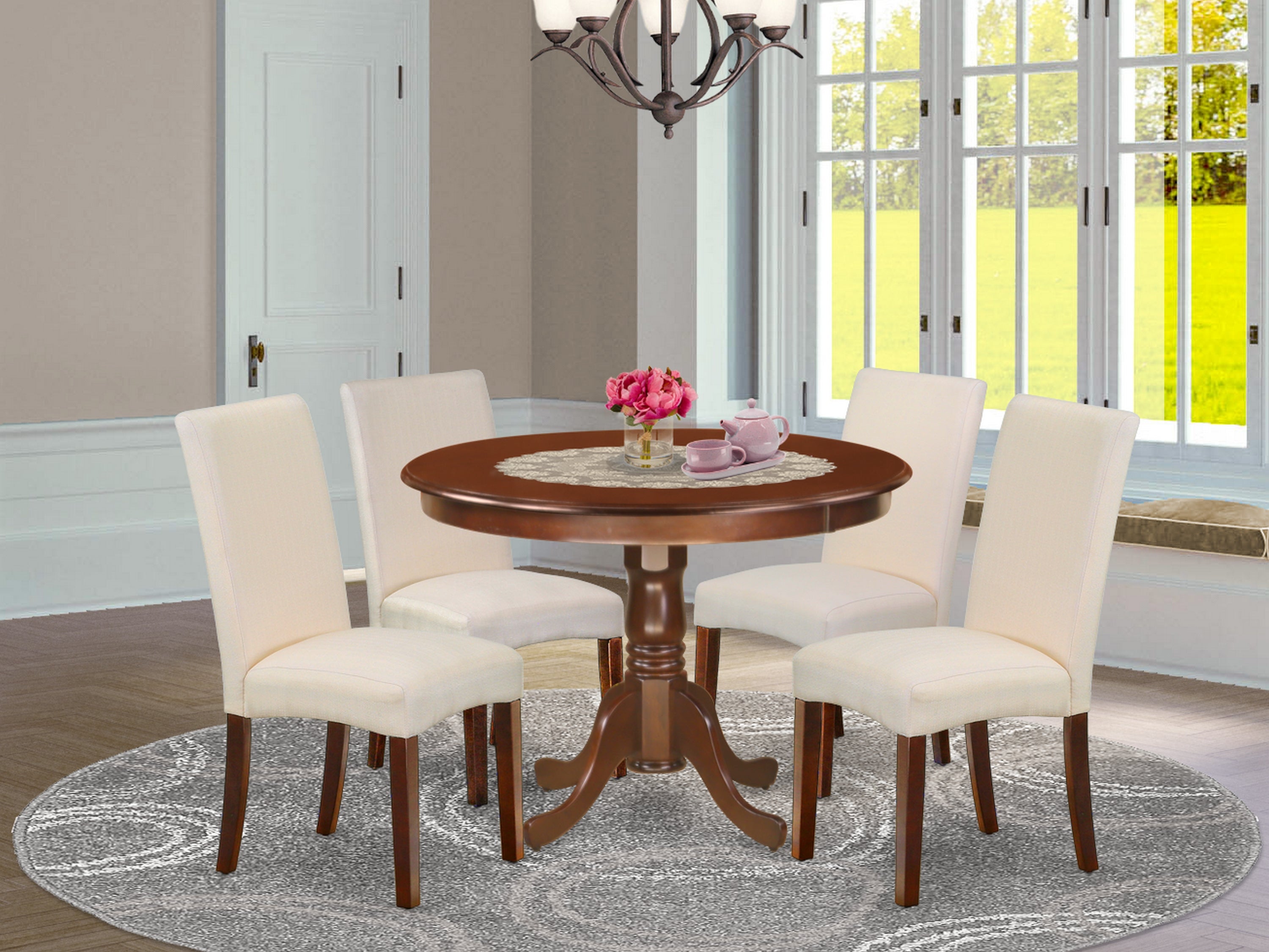 HLDR5-MAH-01 5Pc Round 42 Inch Dinette Table And Four Parson Chair With Mahogany Finish Leg And Linen Fabric- Cream Color