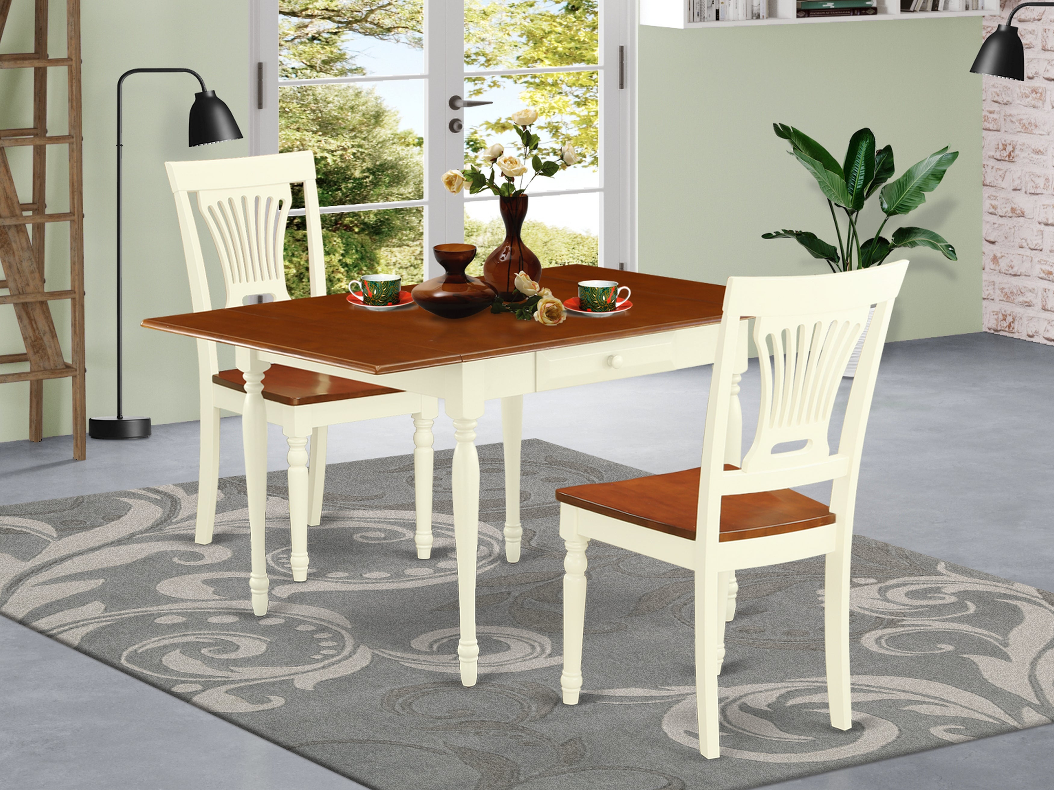 East West Furniture MZPL3-WHI-W 3 Pieces Kitchen Table set - Strong Drop Leaf Wooden Wood Kitchen Table and 2 Real Wood Seat Dining Chairs, Buttermilk and Cherry Finish
