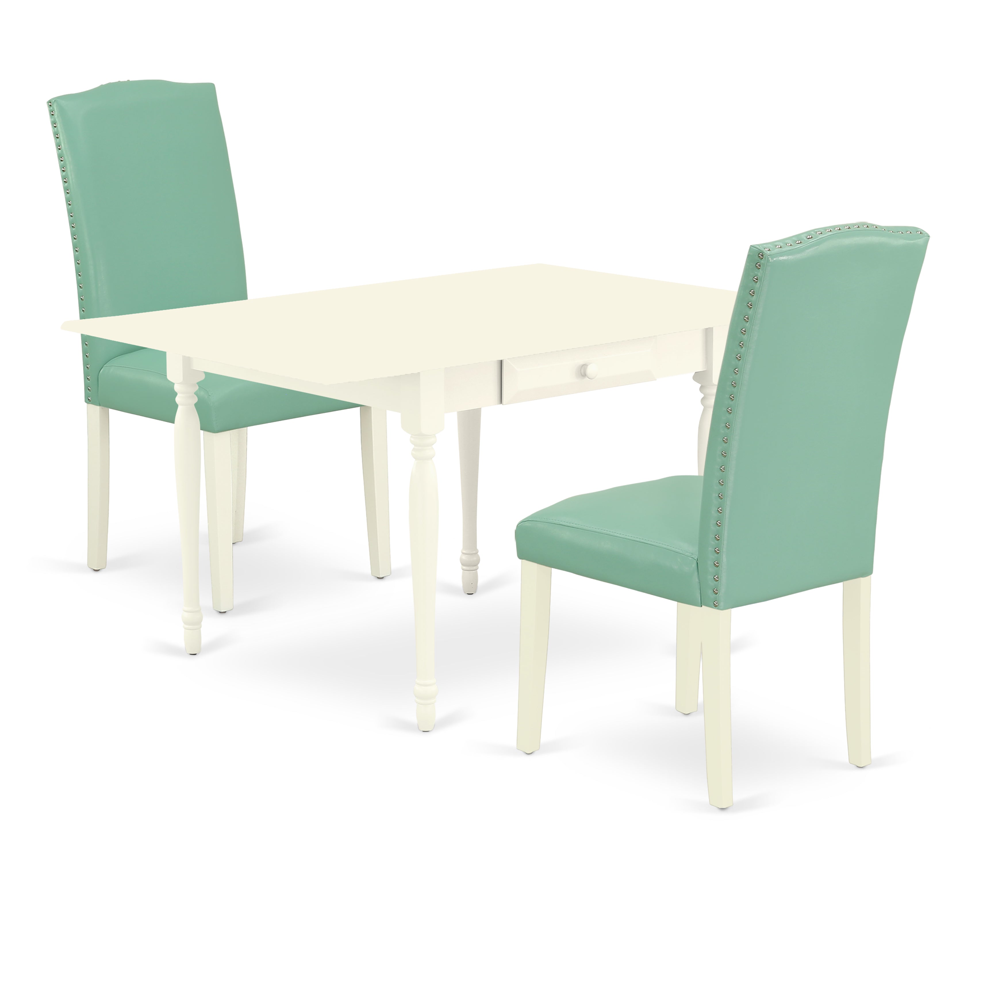 East West Furniture MZEN3-LWH-57 3Pc Dining Room Table Set Offers a Rectangle Table and 2 Upholstered Dining Chairs with Pond Color PU Leather, Drop Leaf Table with Full Back Chairs, Linen White Finish