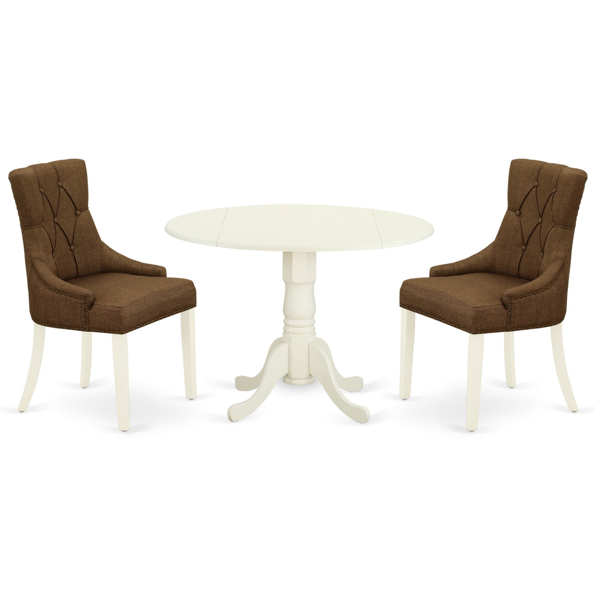 DLFR3-WHI-18 3Pc Dinette Set Includes a Small Rounded Kitchen Table with Drop Leaves and Two Parson Chairs with Dark Coffee Fabric, White Finish