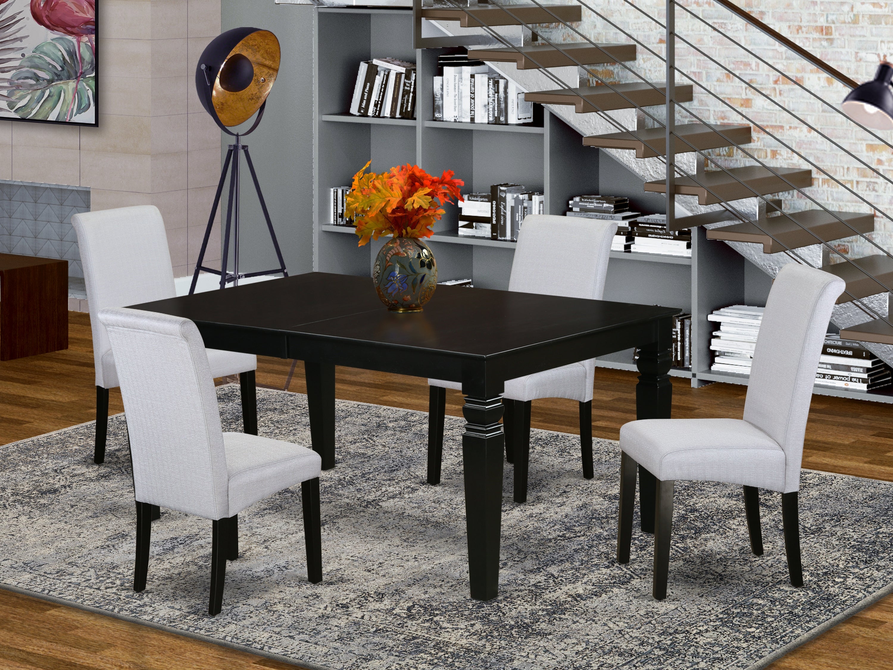 LGBA5-BLK-05 5Pc Kitchen table with linen grayish blue fabric dining chairs with black chair legs