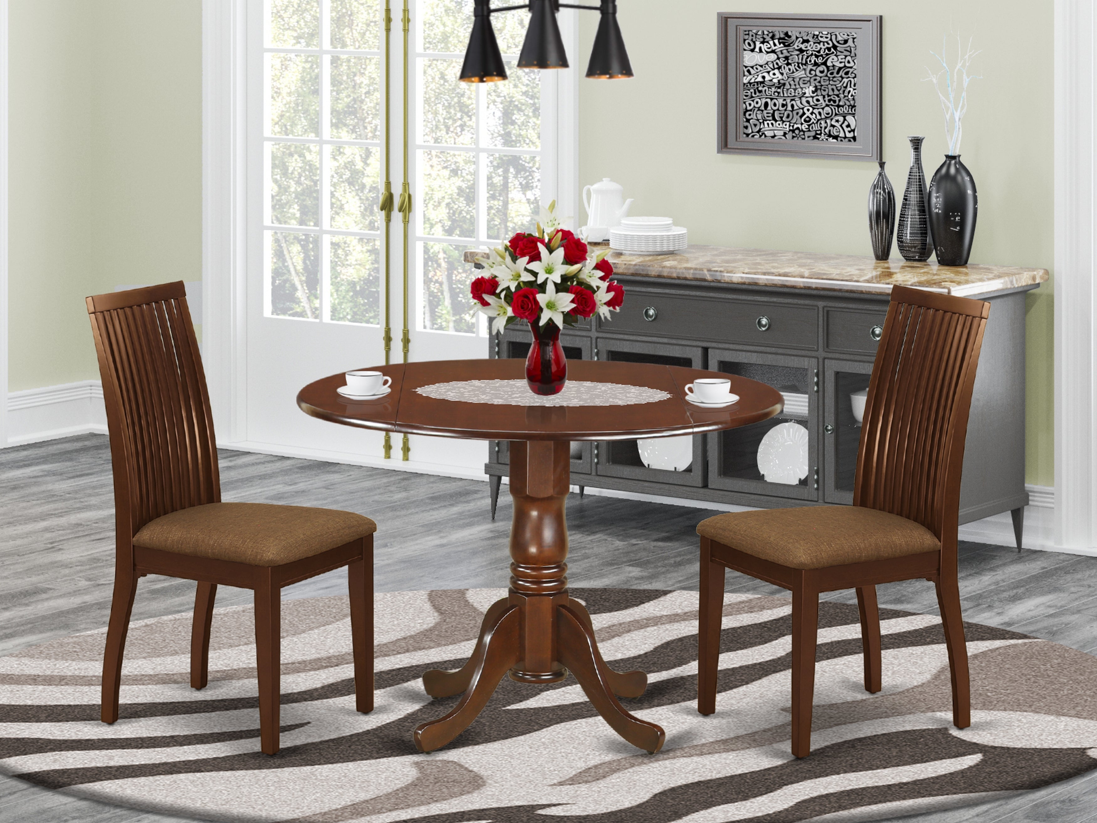 DLIP3-MAH-C 3Pc Dinette Set Includes a Rounded Kitchen Table with Drop Leaves and Two Microfiber Seat Dining Chairs, Mahogany Finish