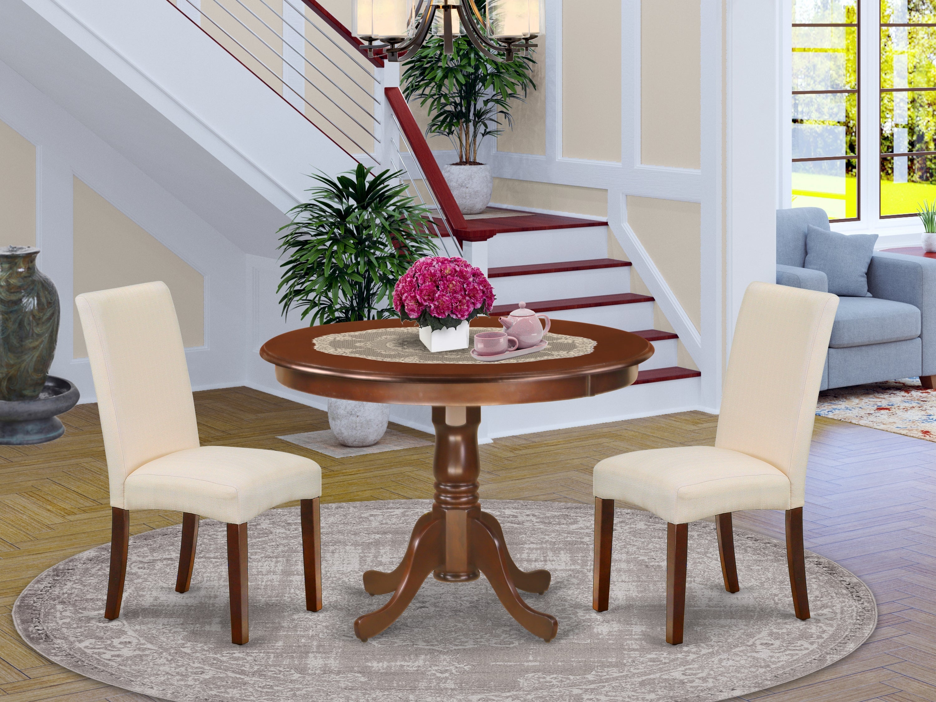 HLDR3-MAH-01 3Pc Round 42" Dining Table And Two Parson Chair With Mahogany Finish Leg And Linen Fabric- Cream Color