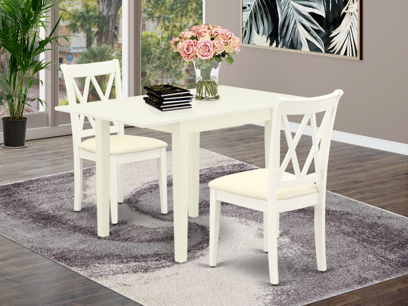 East West Furniture NDCL3-LWH-C Dining Room Table set for 3- 2 Outstanding Dining Chairs - a Gorgeous Dining Room Table - Linen White Color Microfiber - Linen White Finish Hardwood Structure