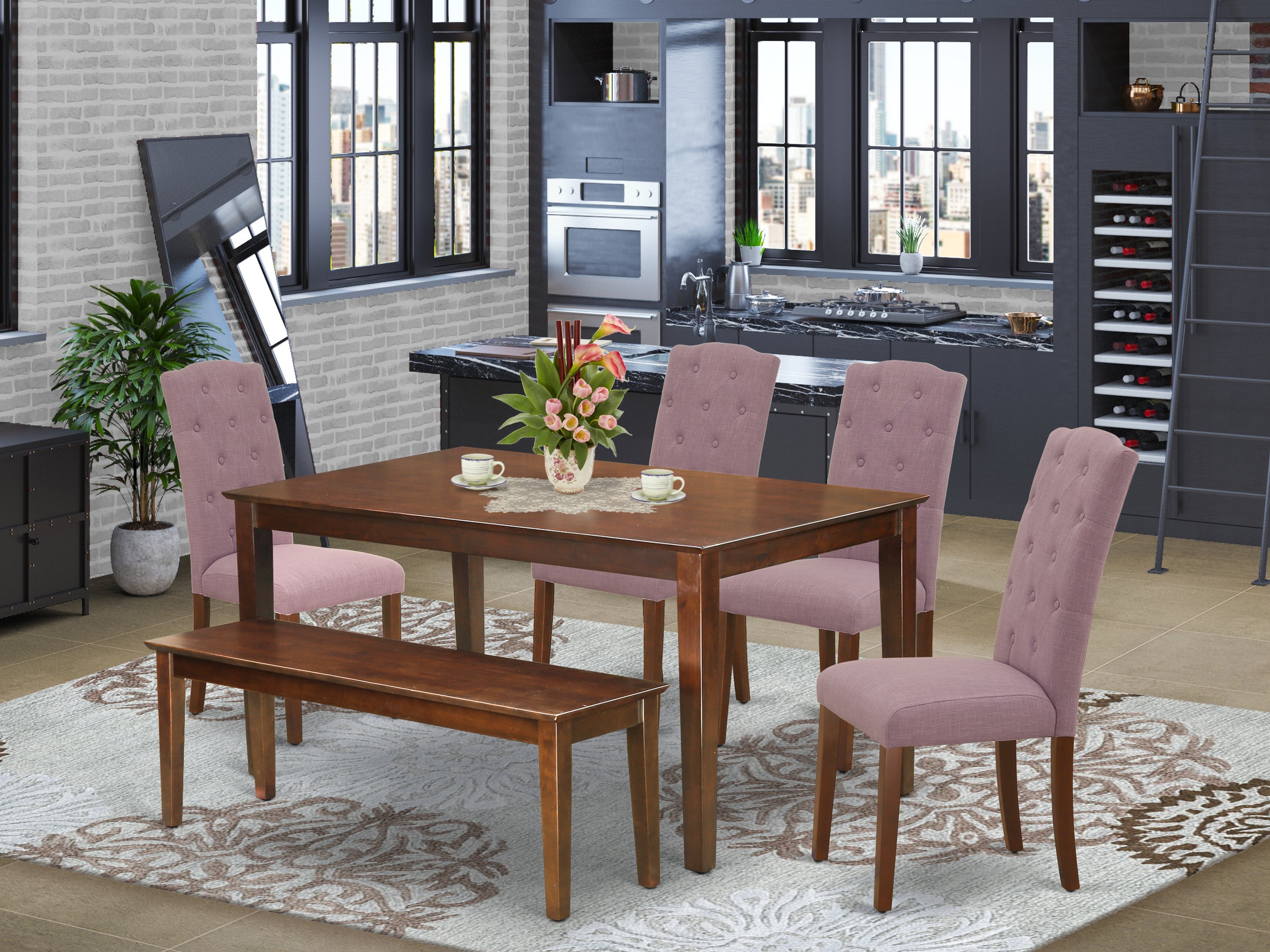 DUCE6-MAH-10 6Pc Dining Set Includes a Rectangle Dining Table, Four Parson Chairs with Dahlia Fabric and a Bench, Mahogany Finish