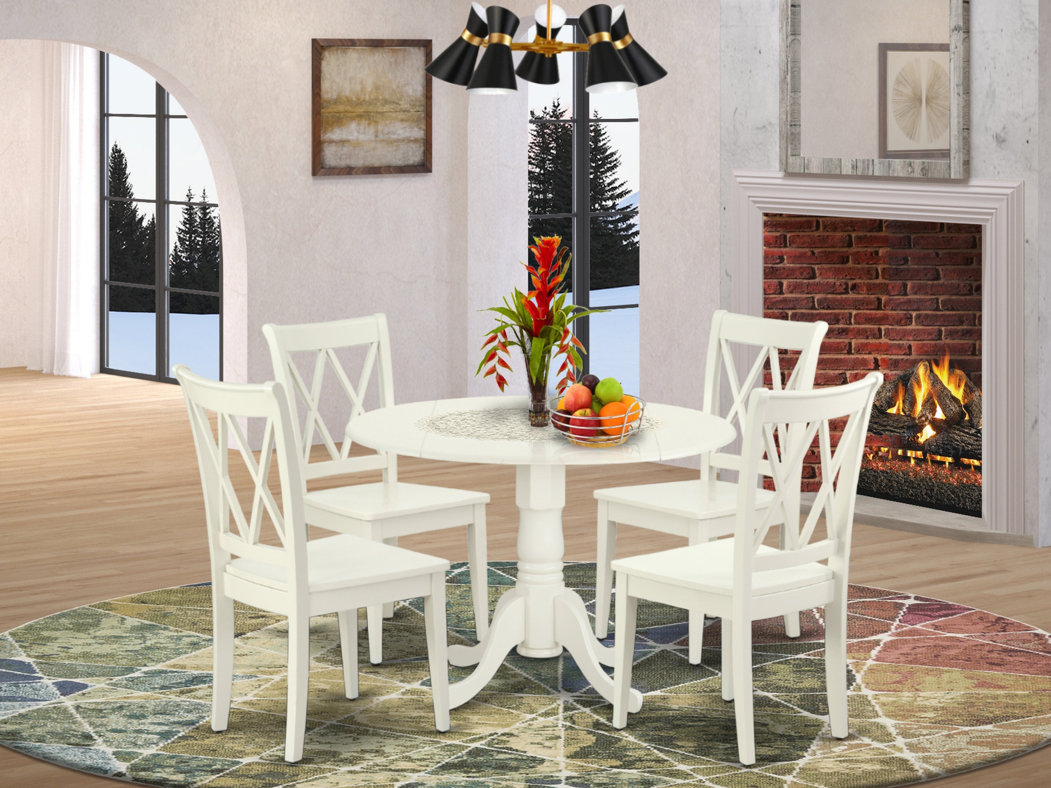 DLCL5-LWH-W 5PC Round 42 inch Table with Two 9-Inch Drop Leaves and 4 Double X back Chairs