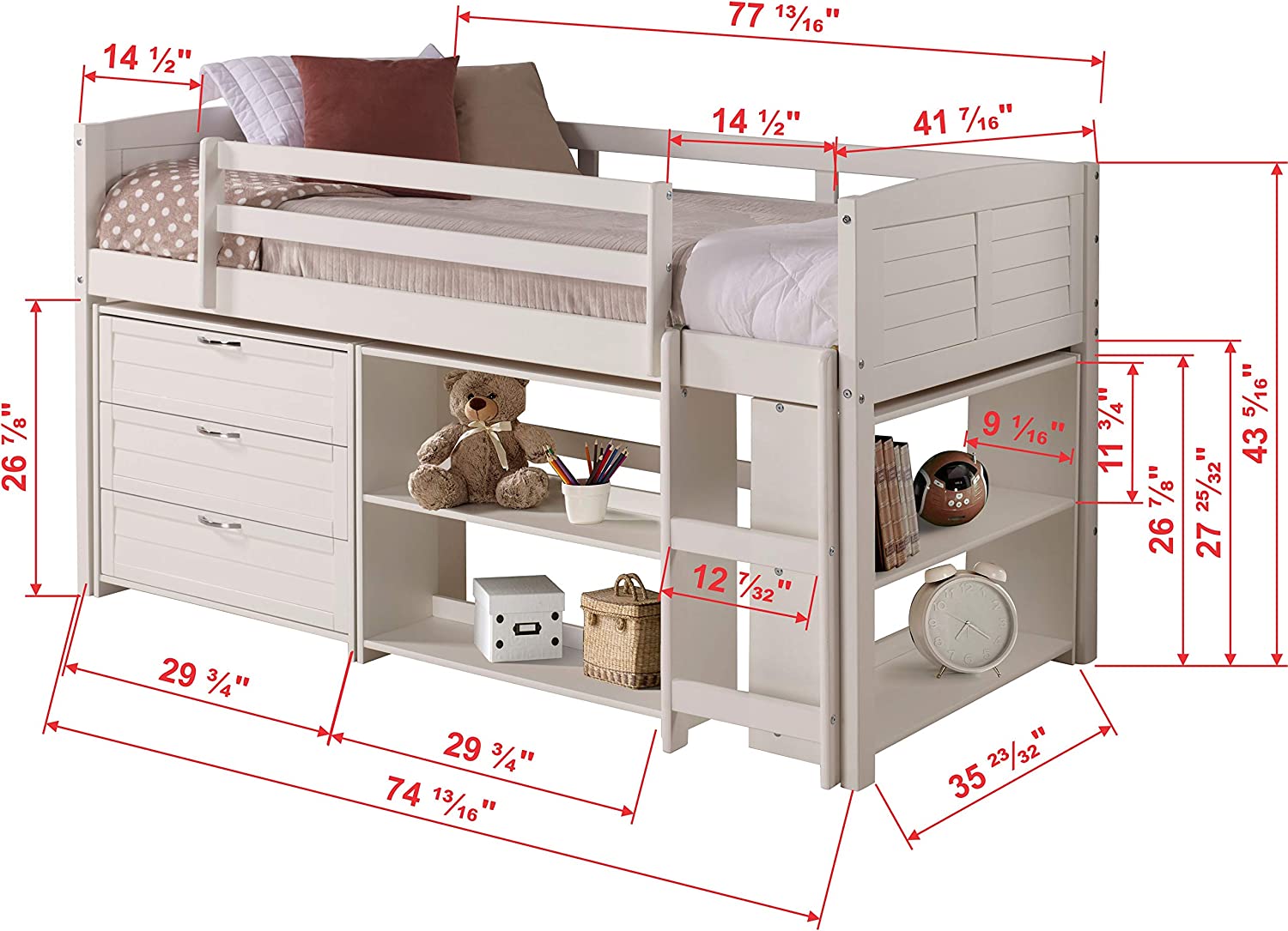 White Twin Louver Low Loft Bed with 3-Drawer Chest and 2-Sets of Shelves