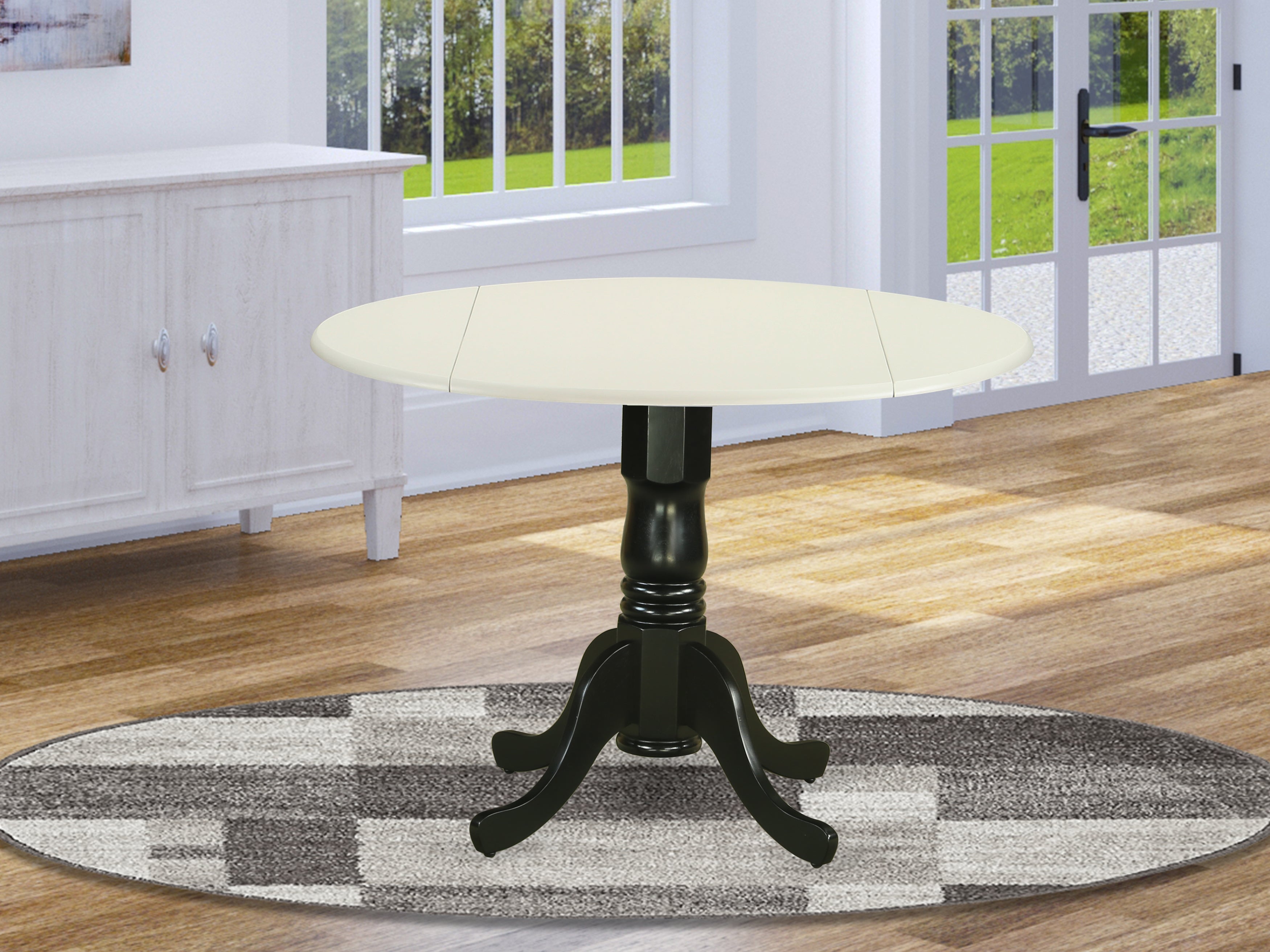 DLT-LBK-TP Dublin Round Table with two 9" Drop Leaves in Linen White and Black Finish