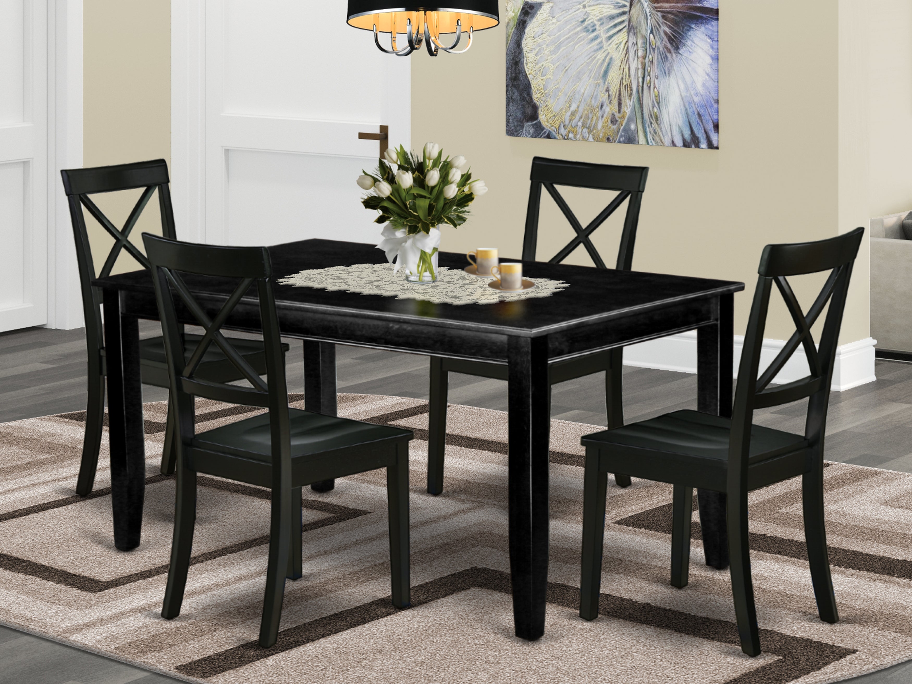 DUBO5-BLK-W 5Pc Rectangle 60" Table And 4 Wood Seat Kitchen Chairs