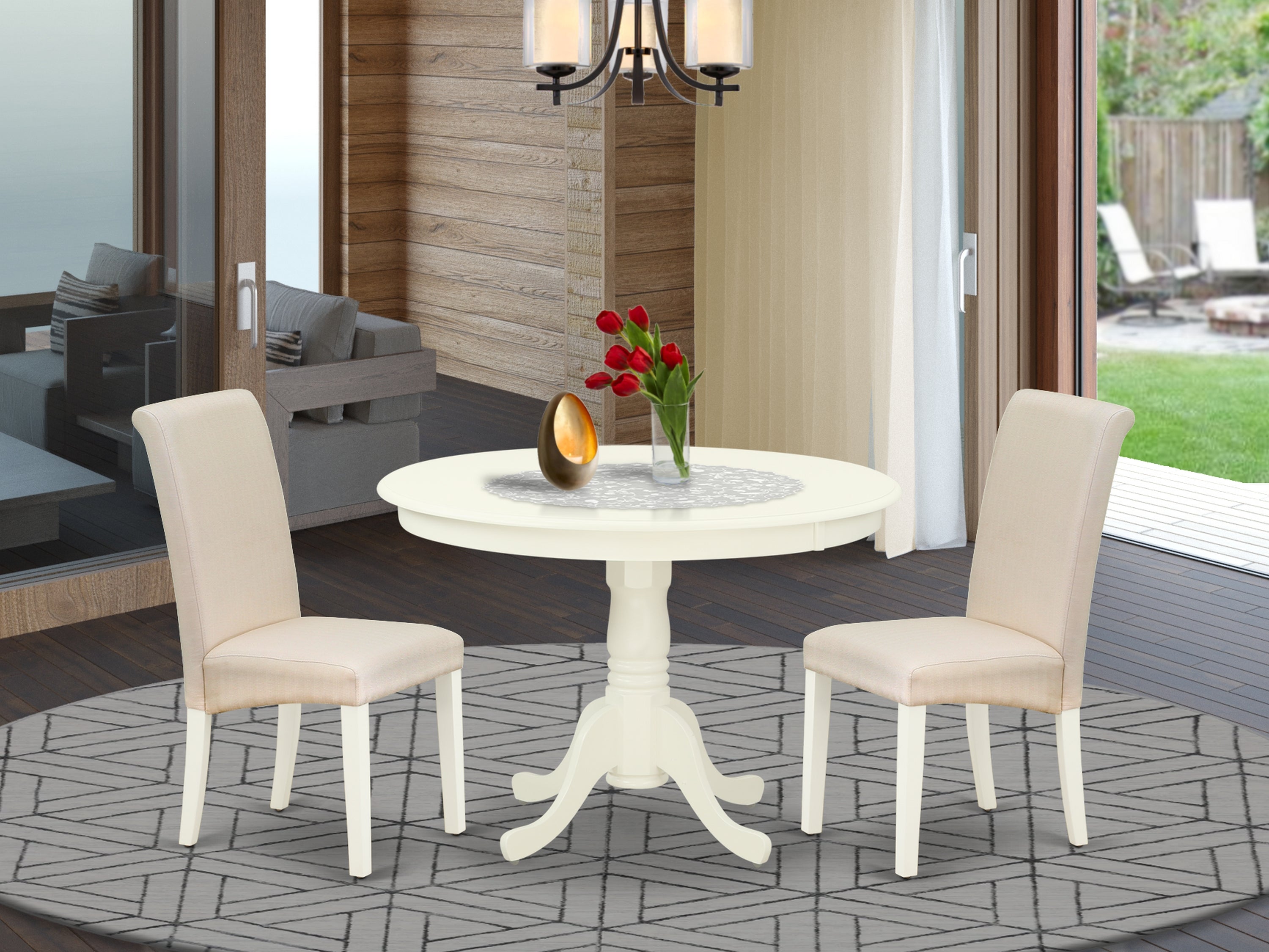 HLBA3-LWH-01 3Pc Dinette Set Includes a Rounded Kitchen Table and Two Parson Chairs with Cream Fabric, Linen White Finish