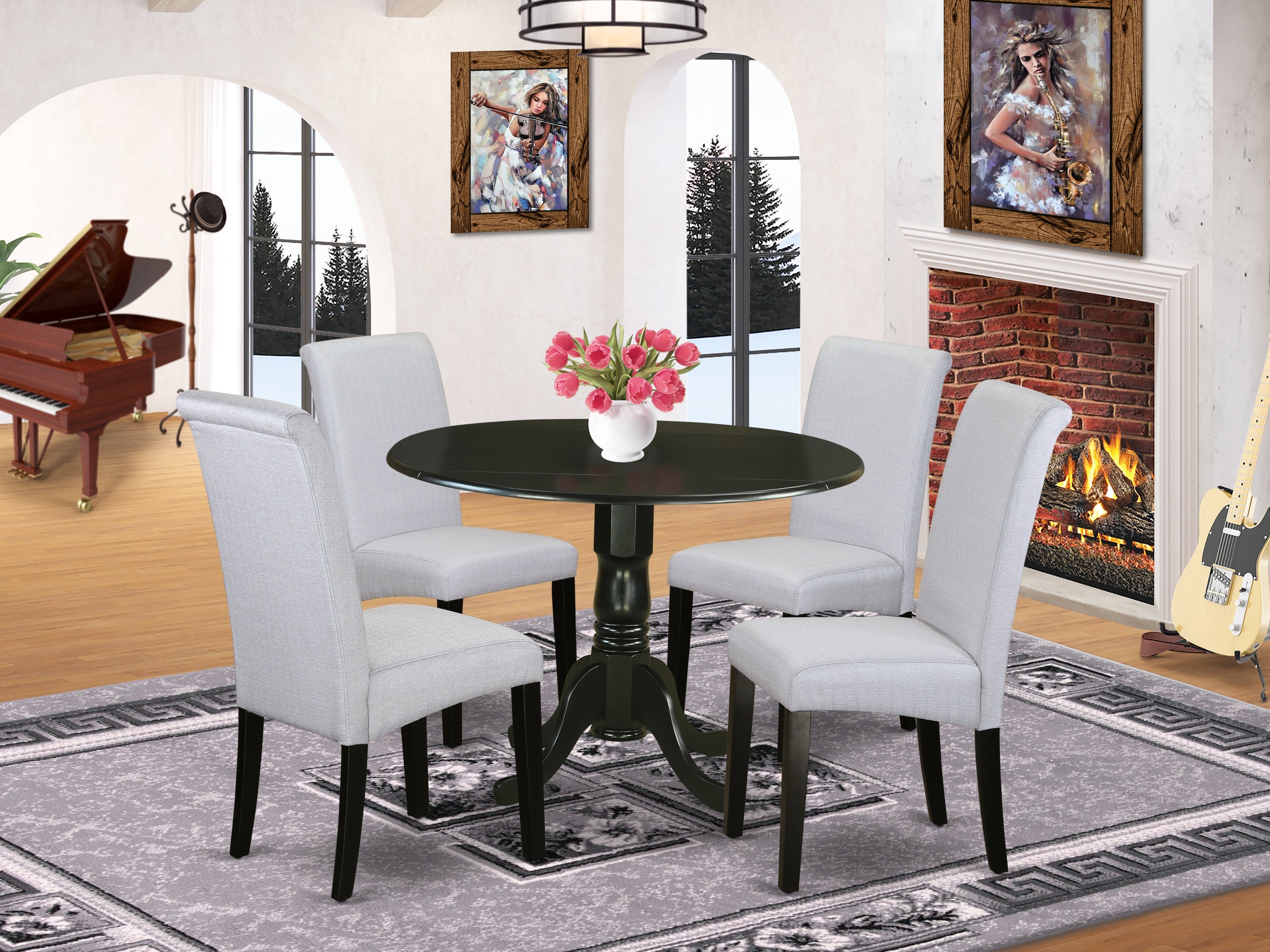 DLBA5-BLK-05 5Pc Small Round table with linen grayish blue fabric kitchen chairs with black chair legs