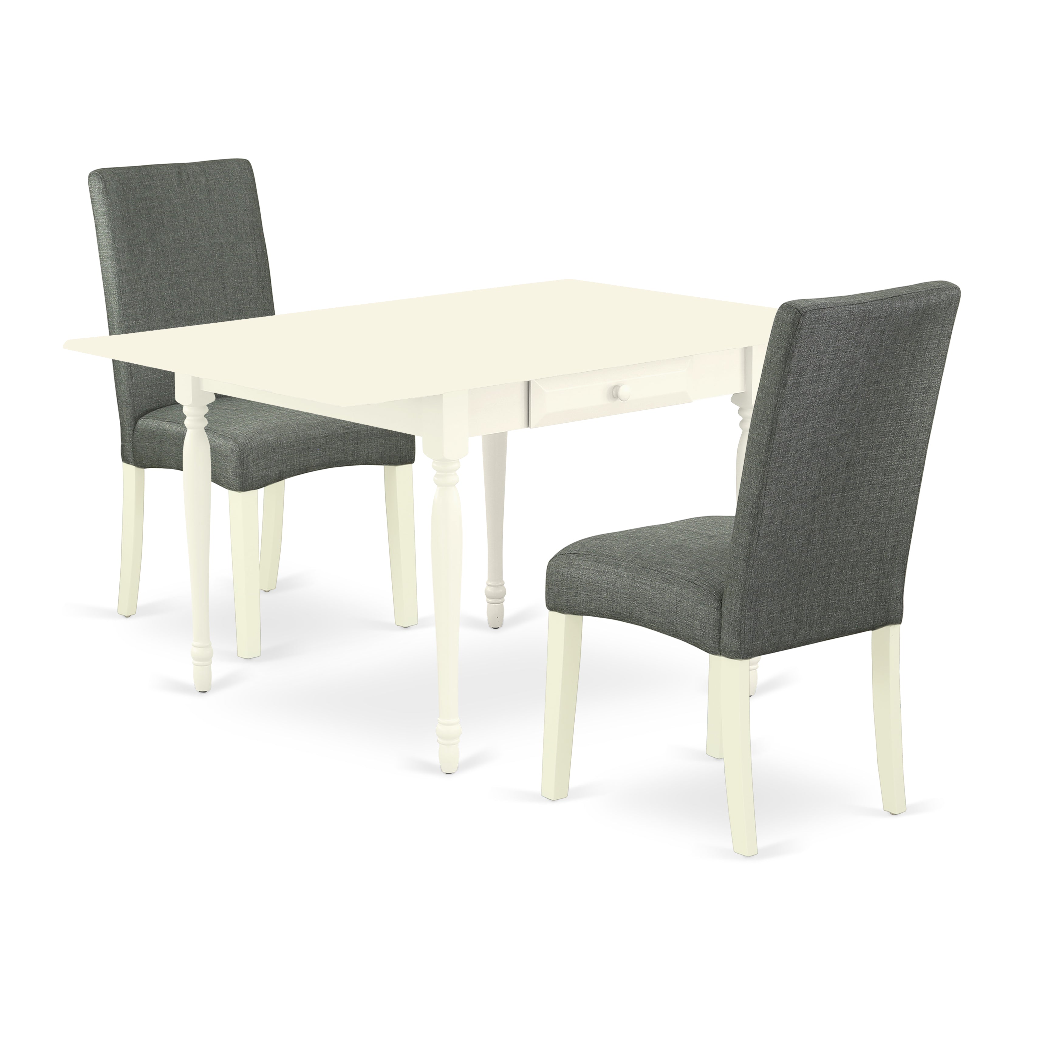 East West Furniture MZDR3-LWH-07 3Pc Dining Table Set Contains a Dining Table and 2 Upholstered Dining Chairs with Gray Color Linen Fabric, Drop Leaf Table with Full Back Chairs, Linen White Finish
