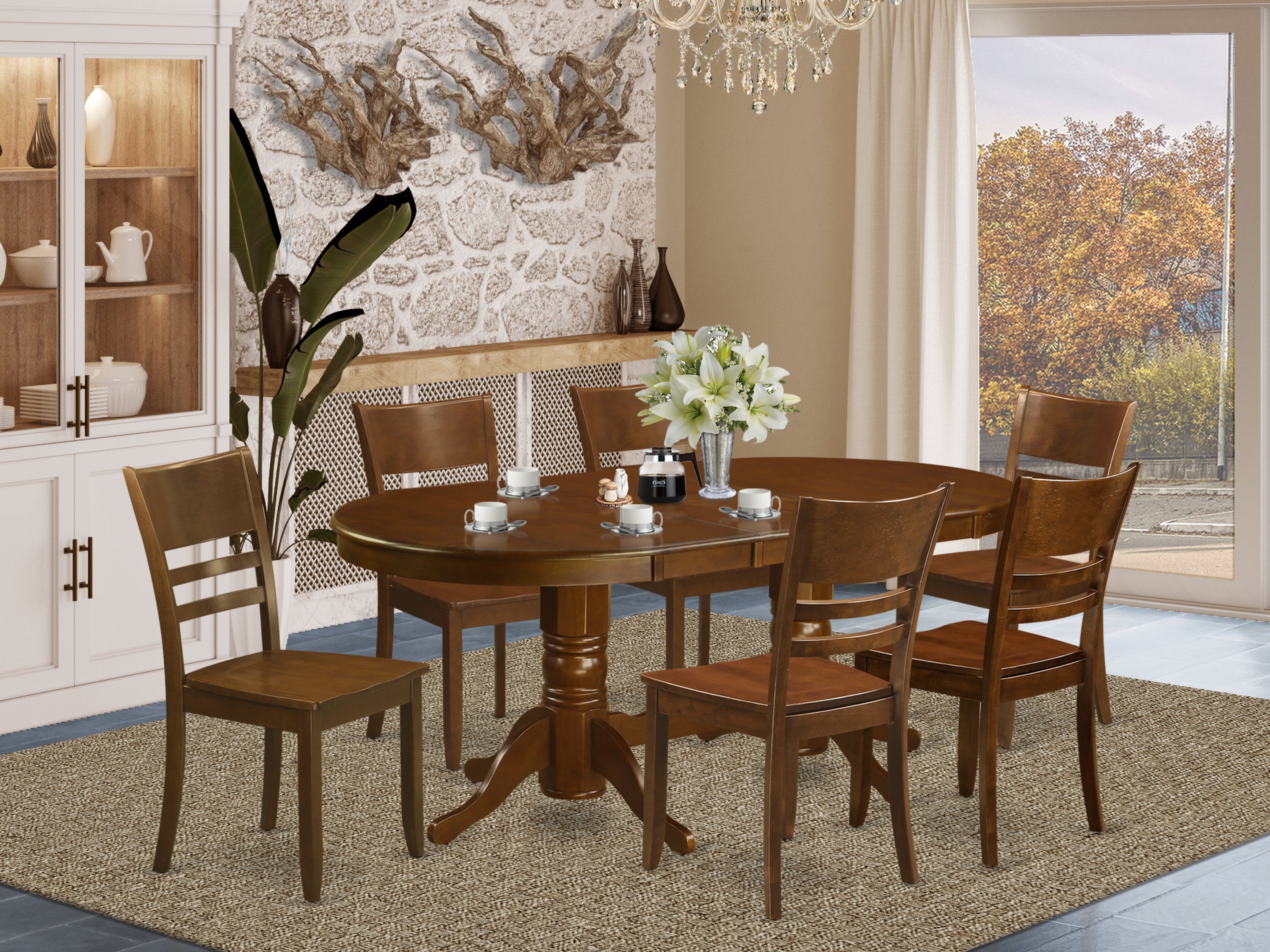 VALY7-ESP-W Pc set Vancouver Table with a 17in Leaf and 6 Wood Kitchen Chairs in Espresso .