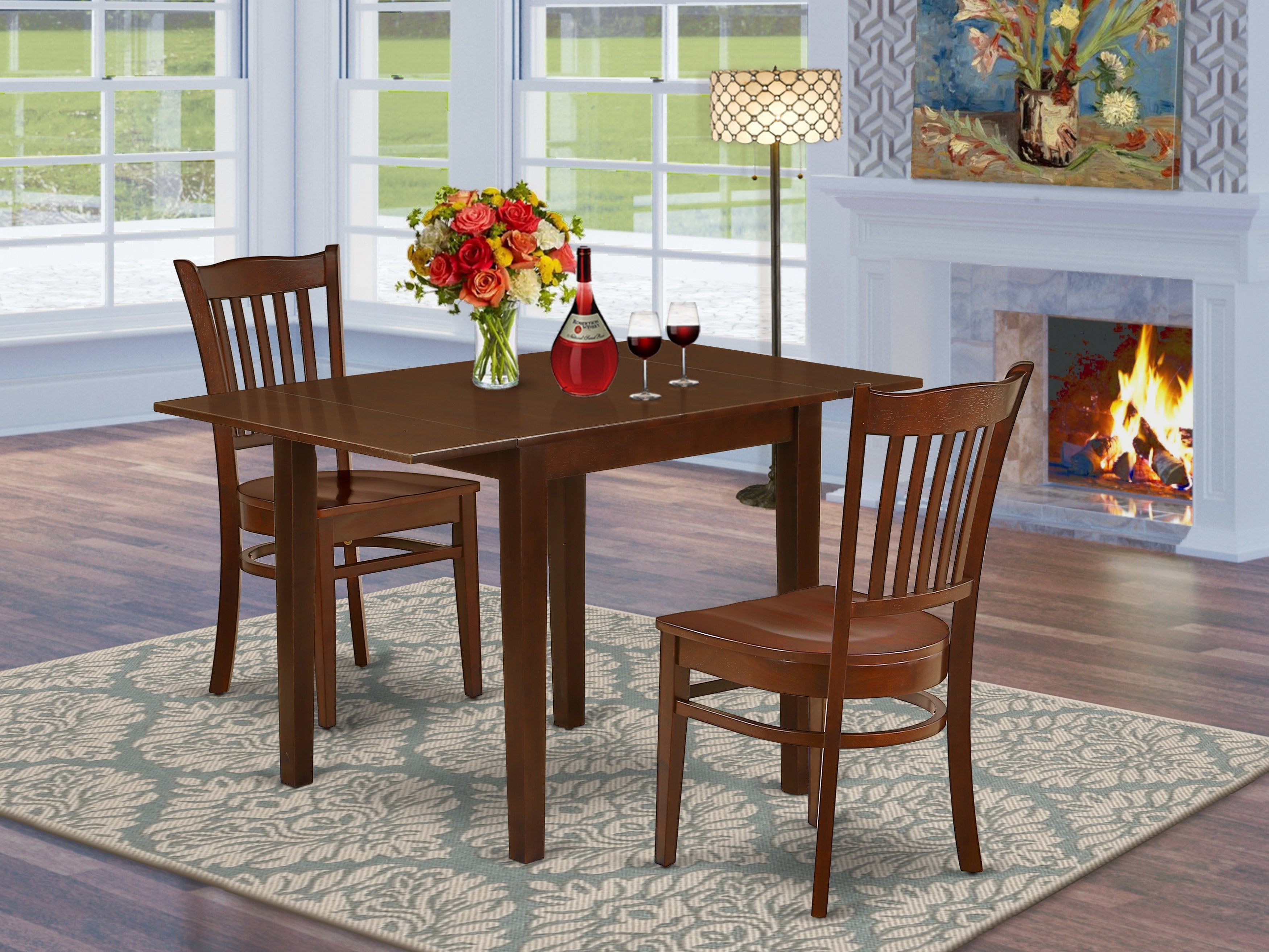 East West Furniture NDGR3-MAH-W 3Pc Dinette Set Includes a Dining Room Table and 2 Dining Room Chair with Solid Wood Seat and Slat Back, Mahogany Finish