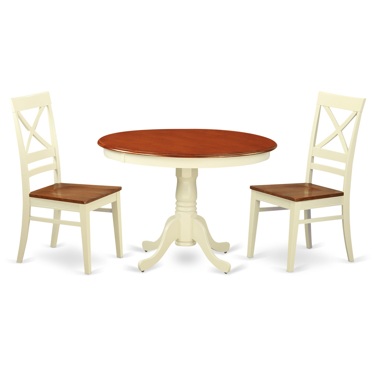 HLQU3-BMK-W 3 Pc set with a Round Small Table and 2 Leather Kitchen Chairs in Buttermilk and Cherry .