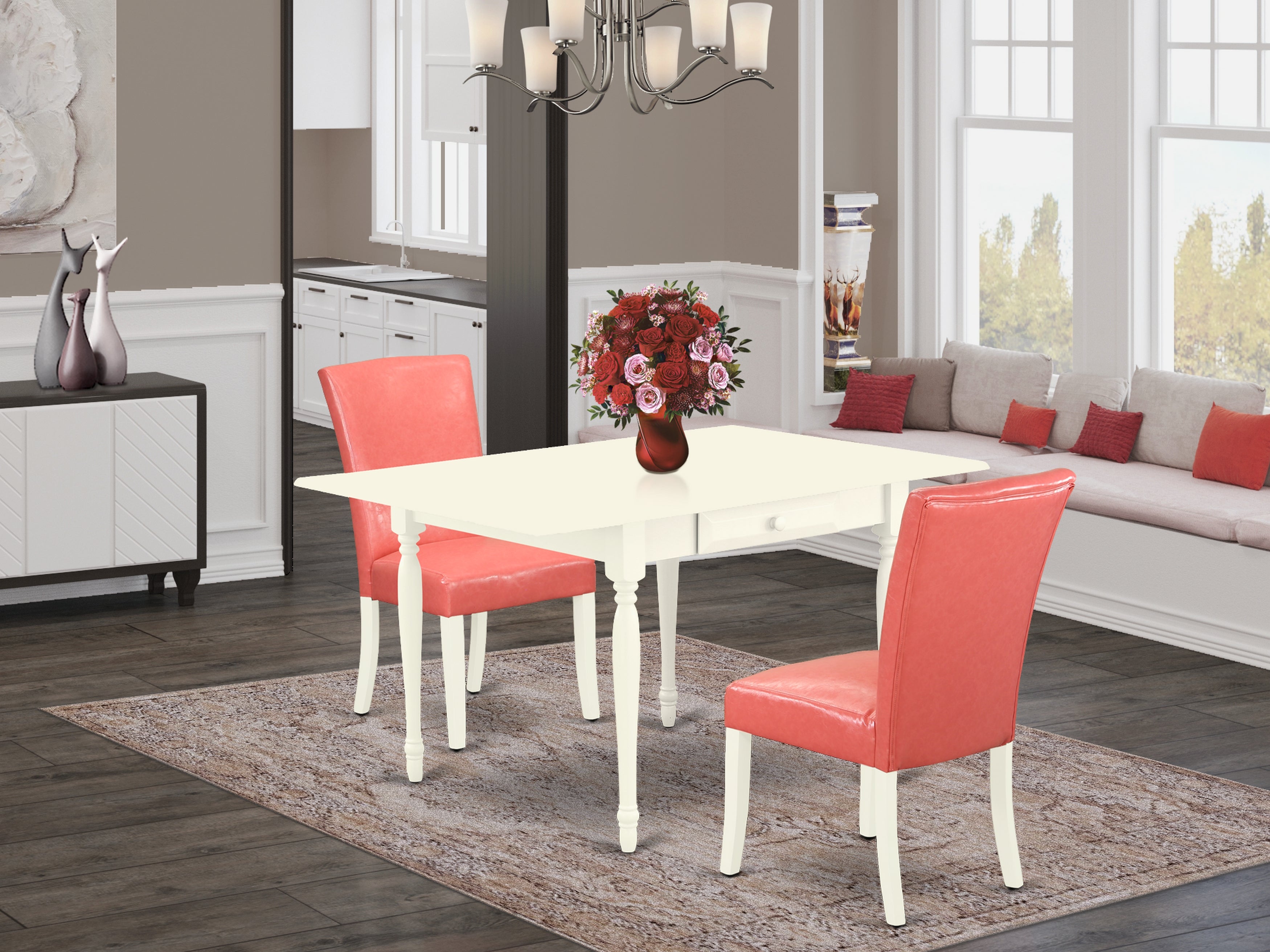 East West Furniture MZAL3-LWH-78 3Pc Dining Table Set for 2 Contains a Rectangle Table and 2 Parsons Dining Room Chairs with Pink Flamingo Color PU Leather, Drop Leaf Table with Full Back Chairs, Linen White Finish