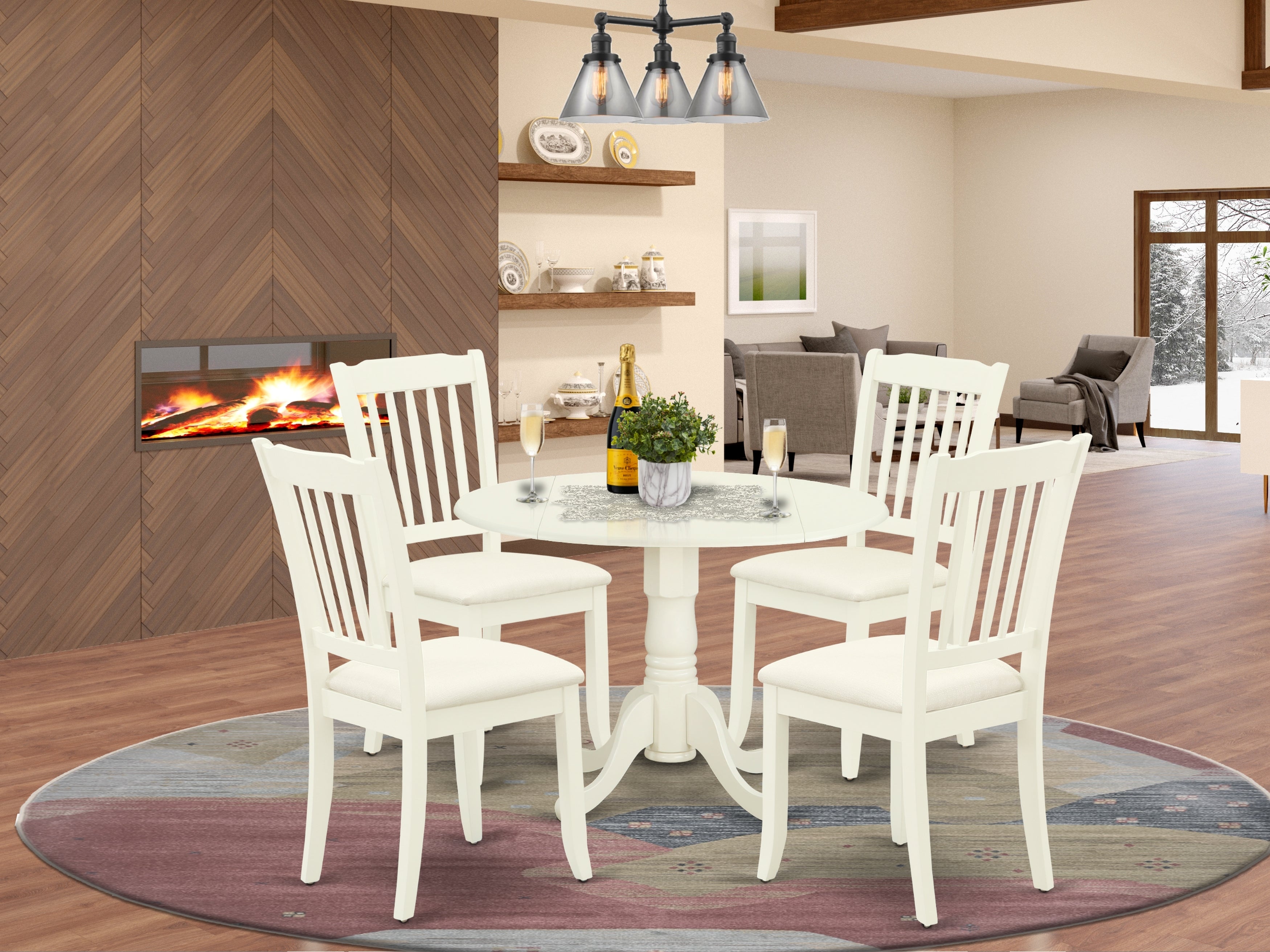 DLDA5-WHI-C 5Pc Dining Set Includes a Round Dinette Table with Drop Leaves and Four Vertical Slatted Microfiber Seat Kitchen Chairs, White Finish