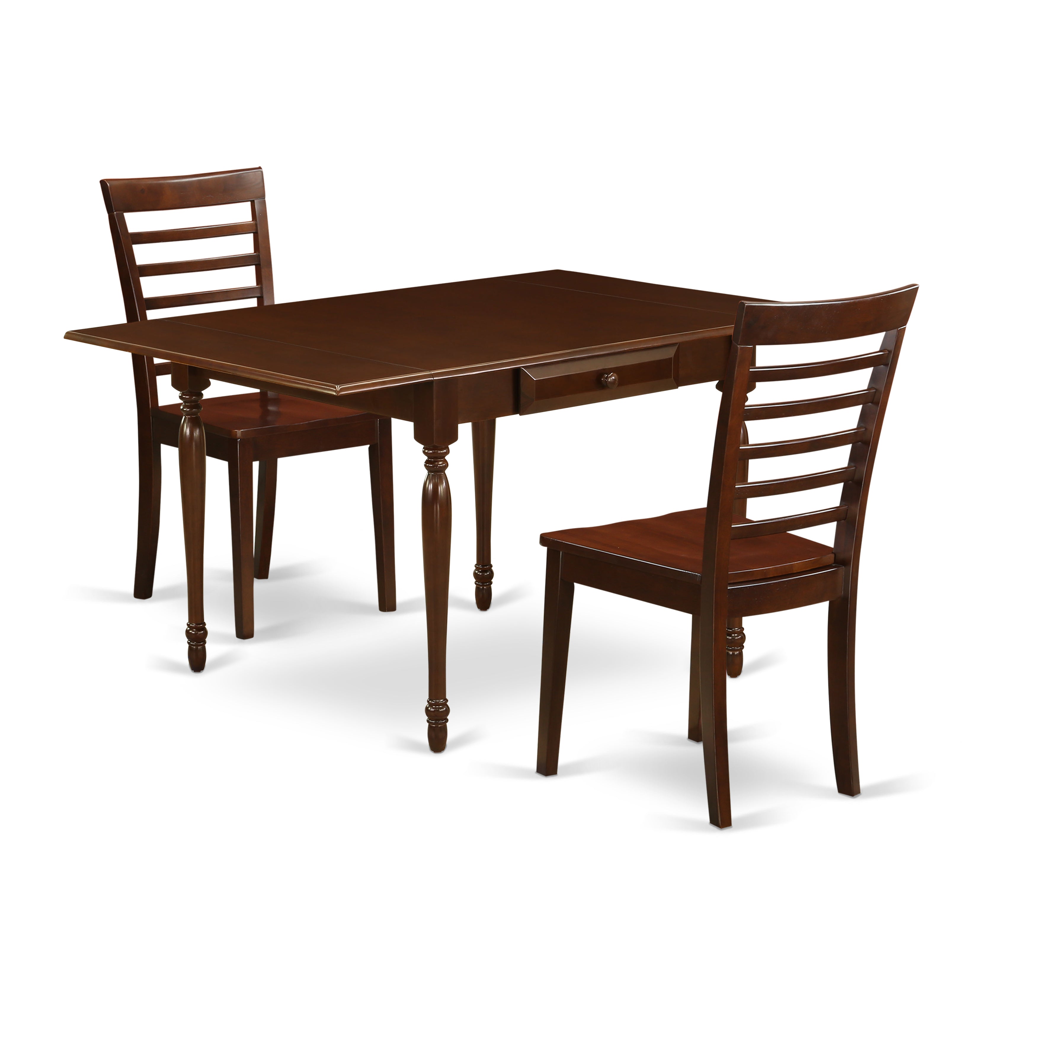 East West Furniture MZML3-MAH-W 3 Pieces Dining Room Table set - Strong Two 9-Inch Drop Down Leaves Solid Wood Table and 2 Solid Wood Seat Dining Dining Chairs, Mahogany Finish