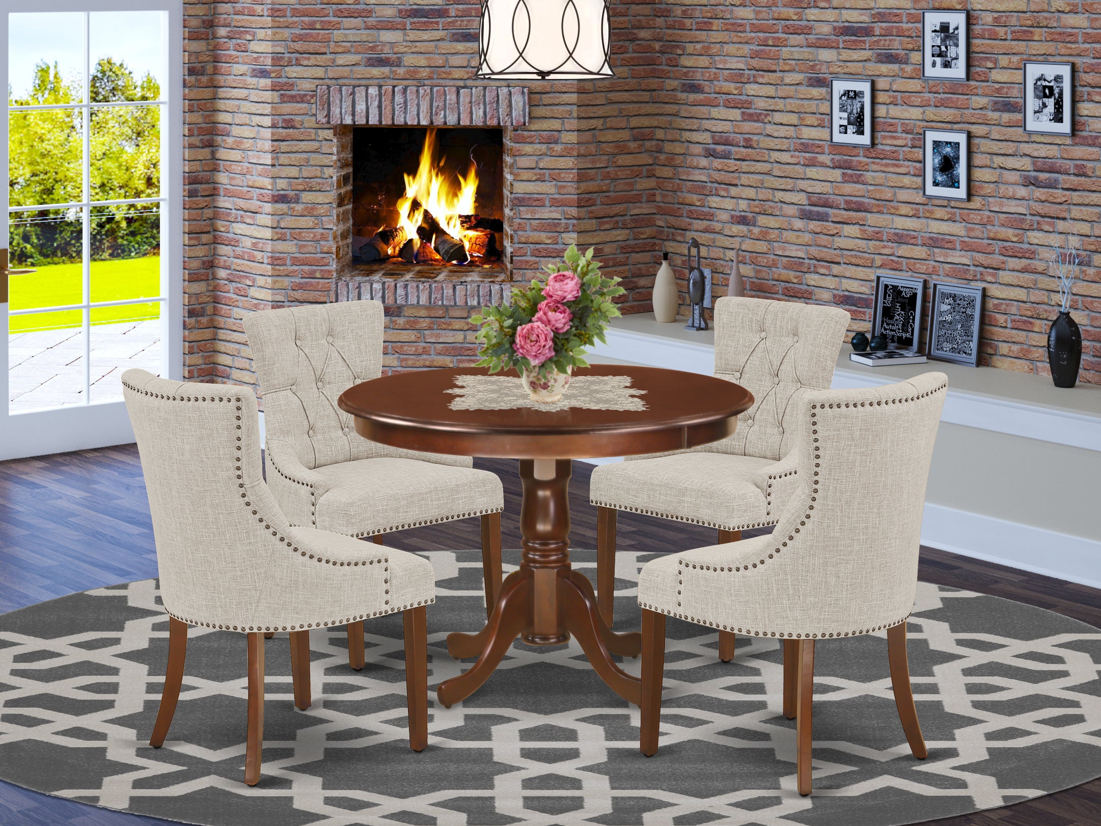 HLFR5-MAH-05 5Pc Dining Set Includes a Round Dinette Table and Four Parson Chairs with Doeskin Fabric, Mahogany Finish