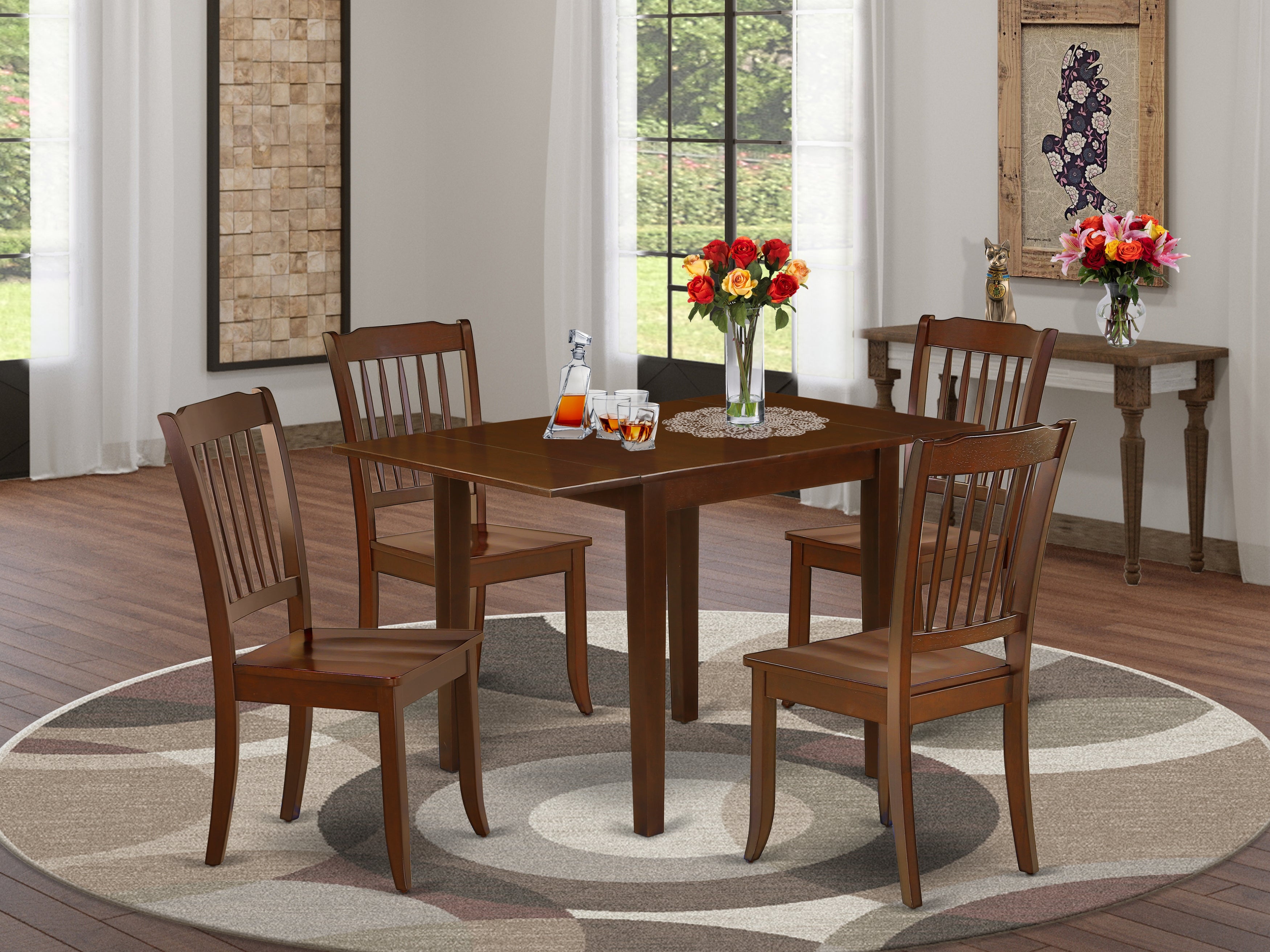 East West Furniture NDDA5-MAH-W Dining Set 5 Pcs- 4 Great Wood Dining Chairs and a Gorgeous Wooden Dining Table - Mahogany Finish Solid Wood Chair Seat and Table Top - Mahogany Finish Wooden Structure.