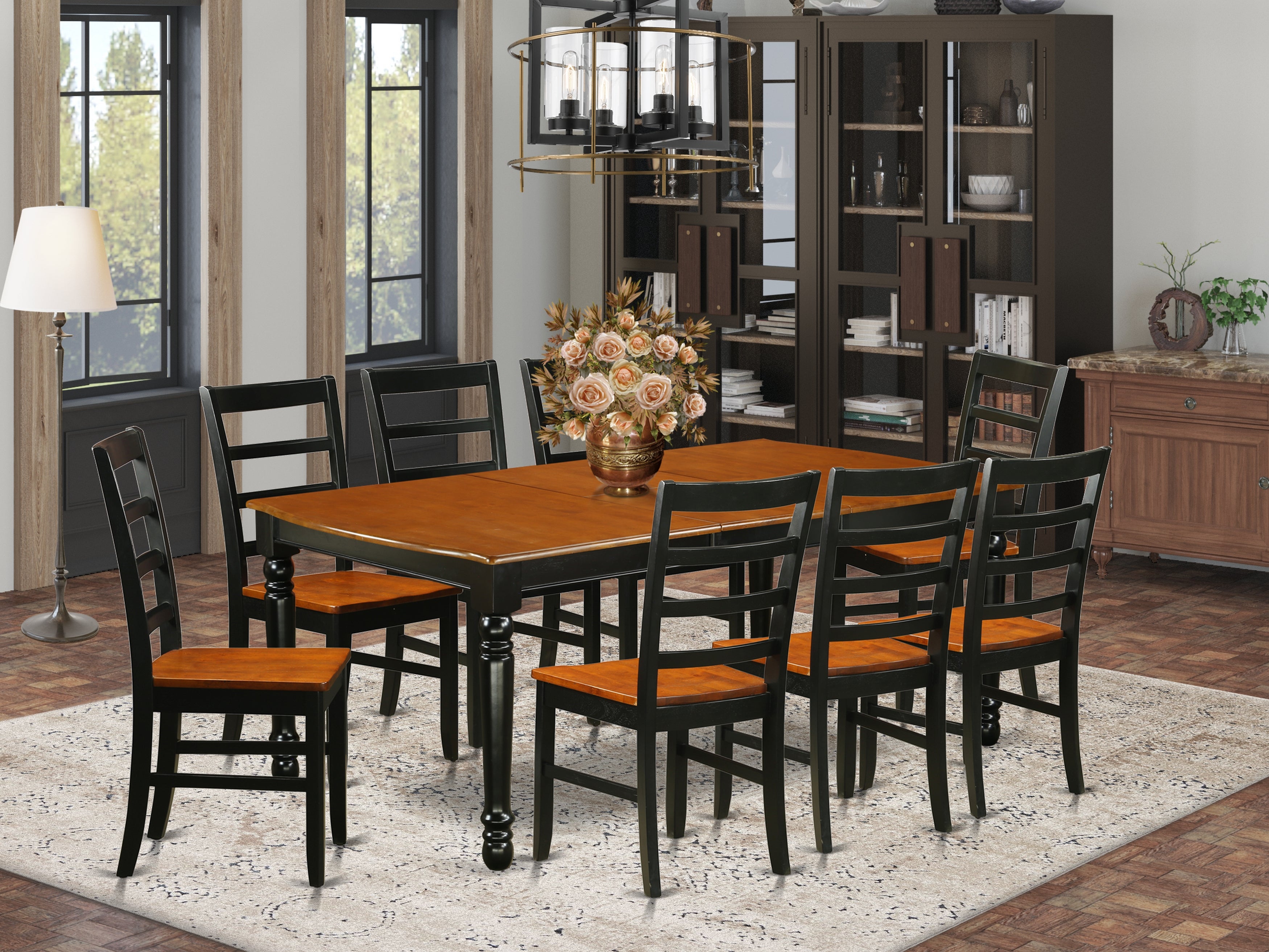 DOPF9-BCH-W 9 PC kitchen tables and chair set with one Dover dining table and 8 kitchen chairs in a Black and Cherry Finish