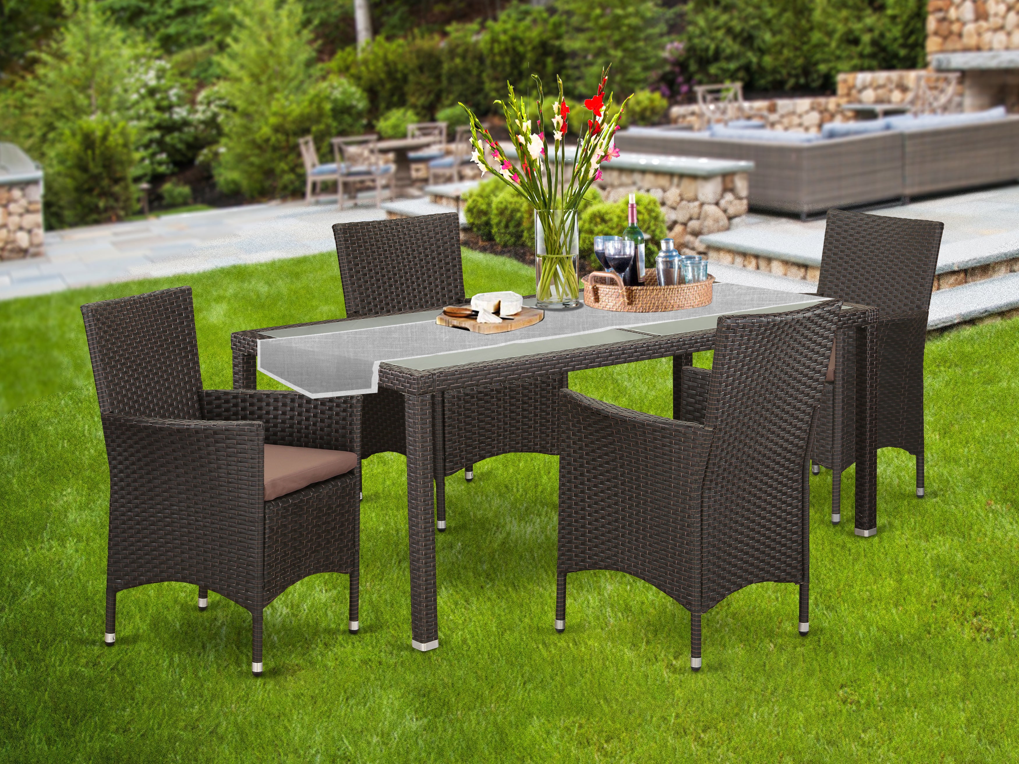 LUVL5-63S 5 pc Outdoor-Furniture Wicker Backyard Dining Set for 4 in Dark Brown Finish