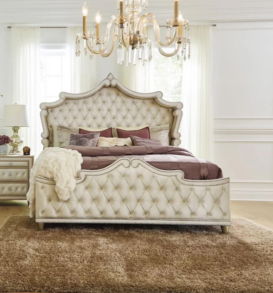 Antonella Upholstered Tufted Queen Bed Ivory and Camel