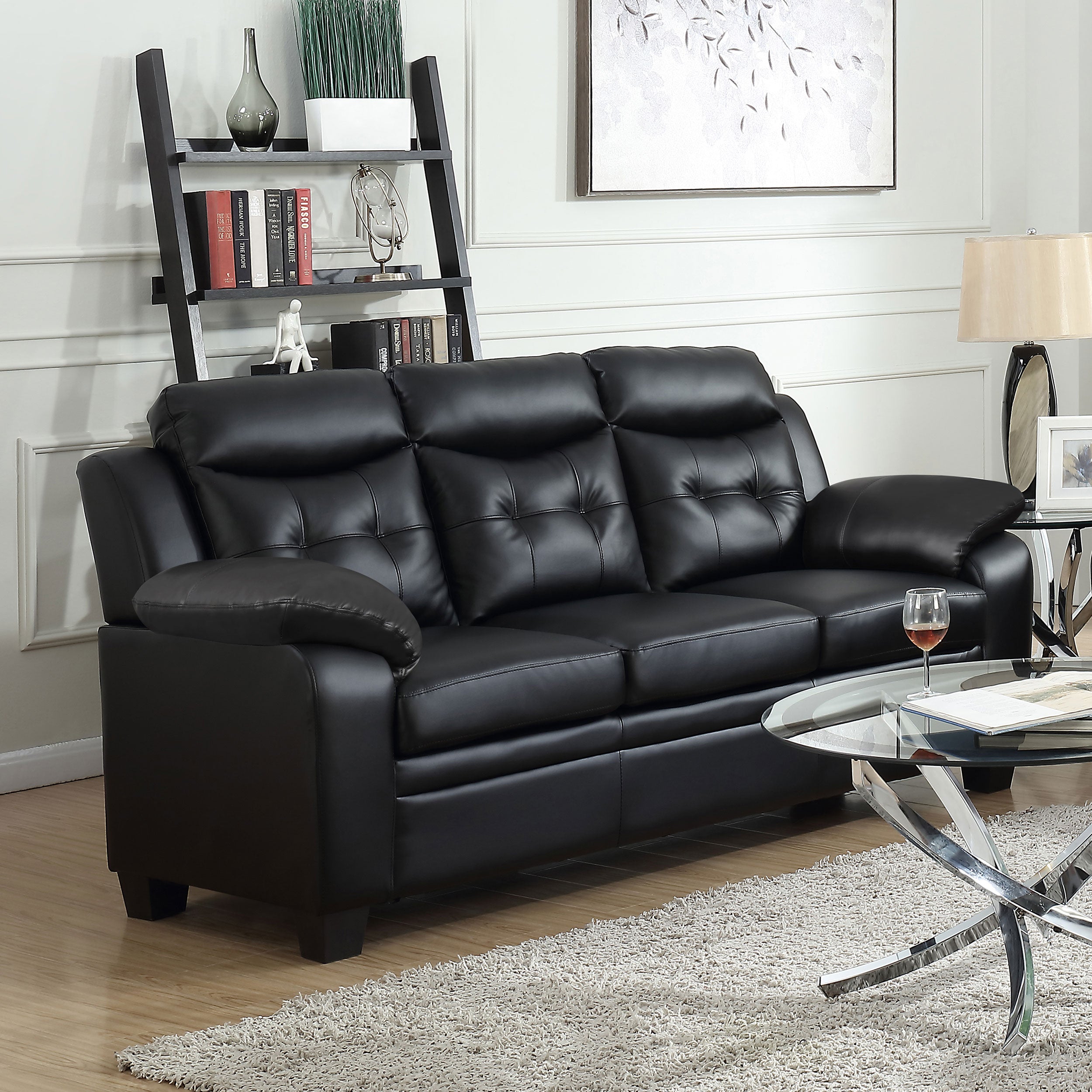 Finley Tufted Pillow Arm Leatherette Upholstered Sofa In Black