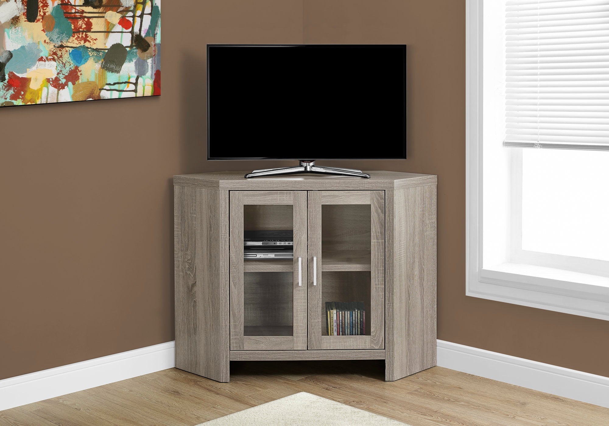 Dark Taupe Corner Tv Stand Console Cabinet With glass Doors 42" L