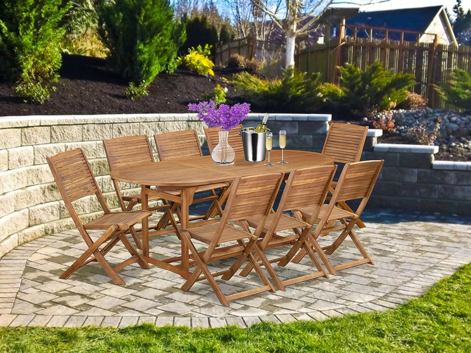 Beasley 9-piece Wood Outdoor Set in Natural Oil