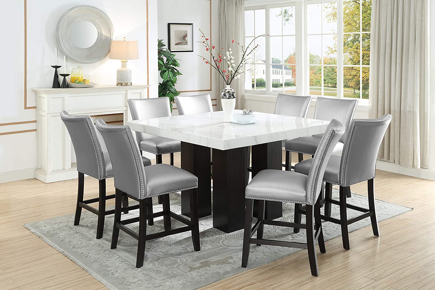 Camila Marble Top Square 9-Piece Counter Height Dining Set - Silver