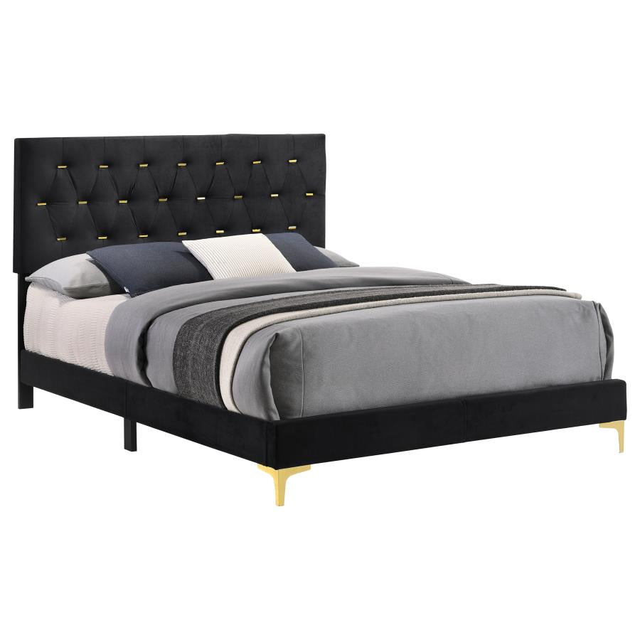 Kendall Upholstered Queen Panel Bed Black and Gold