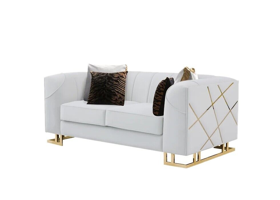 Elijah 2 Pc Modern Velvet Living room Sofa and Love Seat in off White And Gold