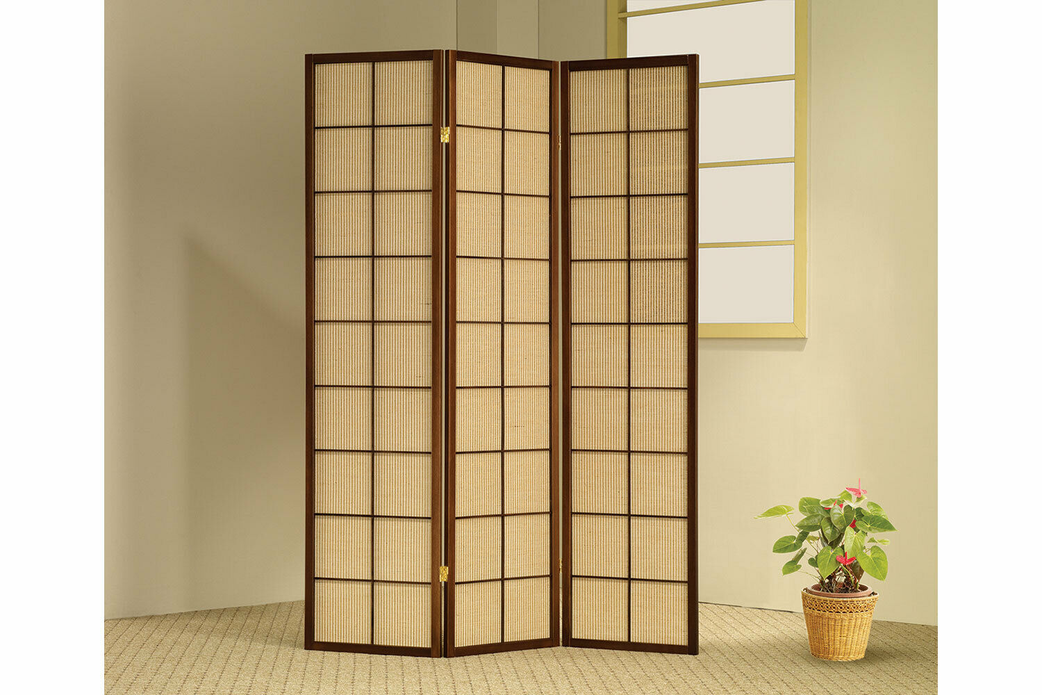 3 Panel Wooden Screen Room Divider with Jute Inlay Brown Cherry