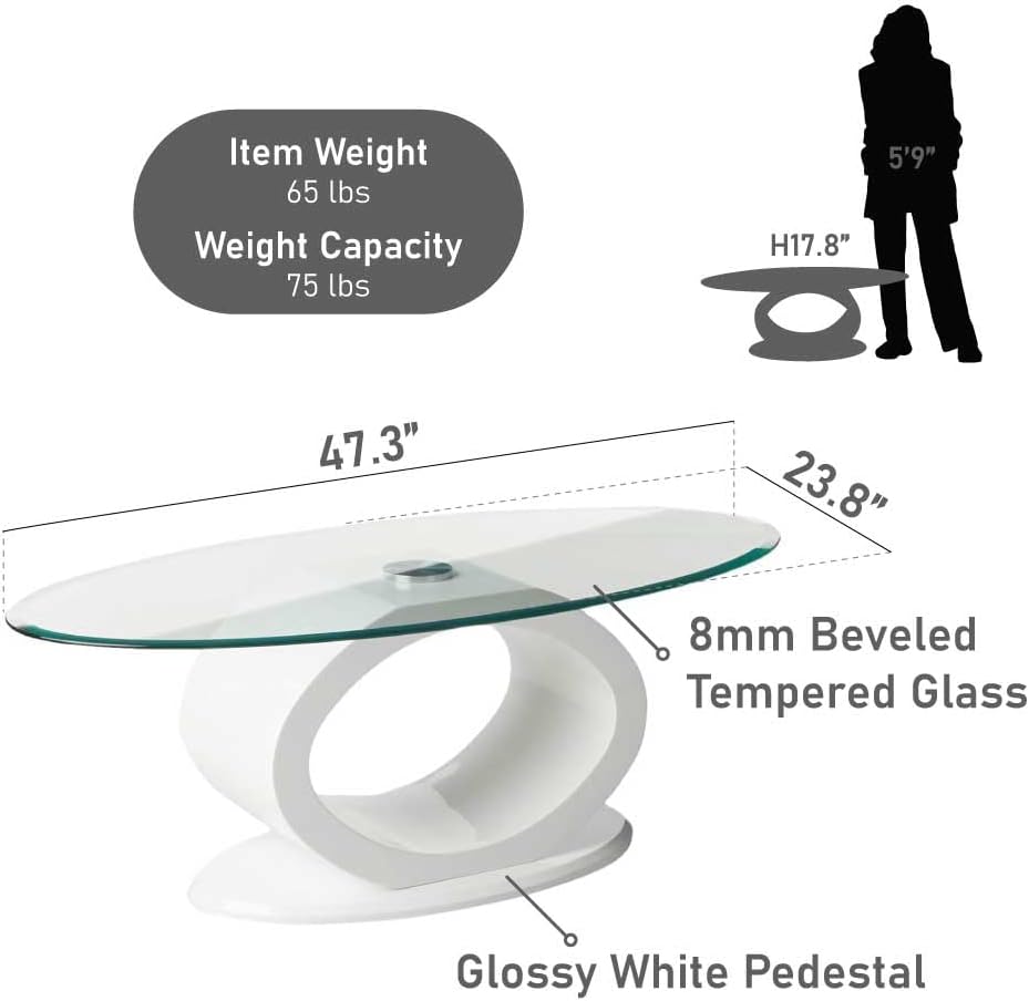 Contemporary O shaped Oval Glass Top Coffee Table In White