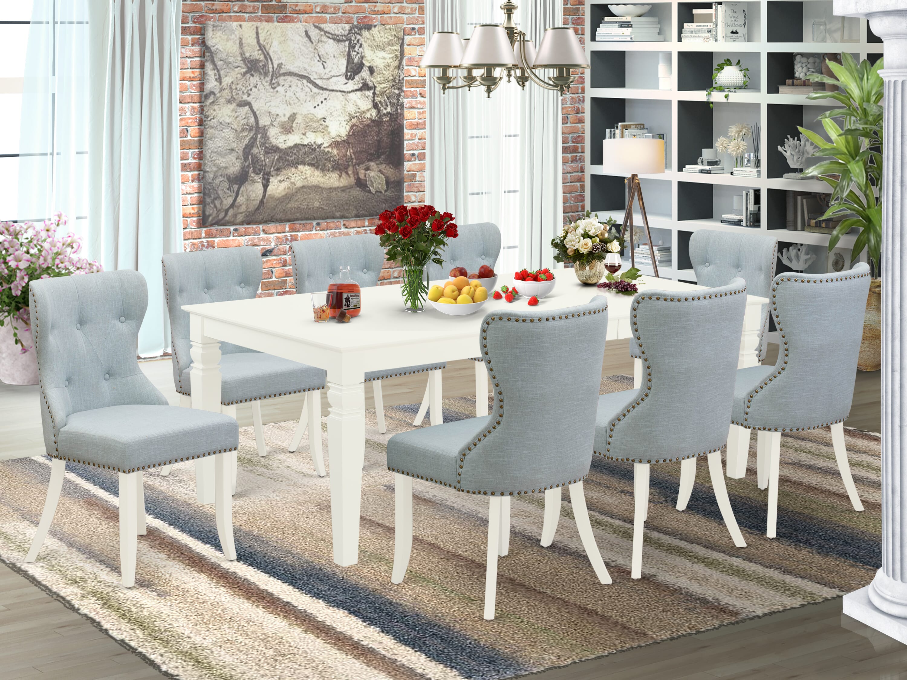 9 PC Dining Room 84" Rectangular Table with Leaf and 8 Tufted Chairs Set in Baby Blue