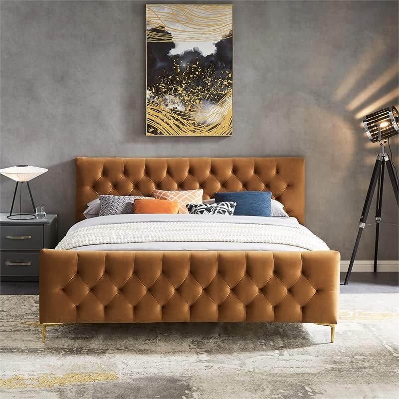 Bella Mid-Century Modern Velvet Upholstered King Platform Bed in Tan