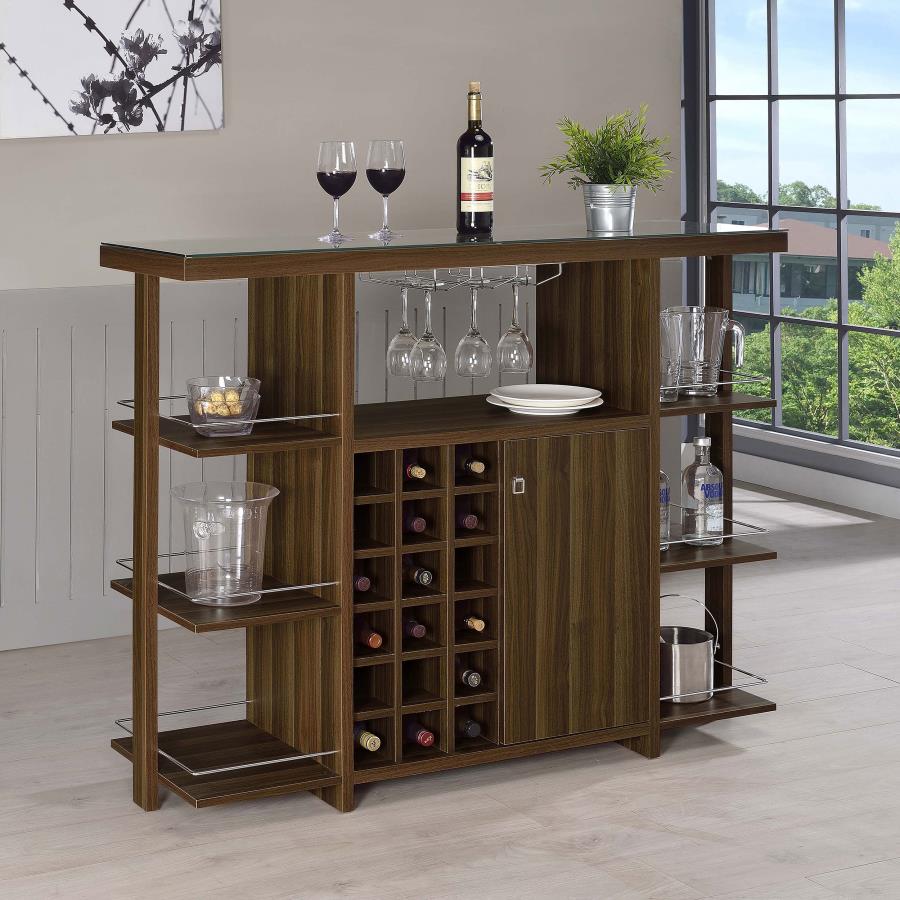 Coaster 3-Tier Bar Unit, 18 Bottle Wine Rack W / Stemware Rack Walnut Wood Glass