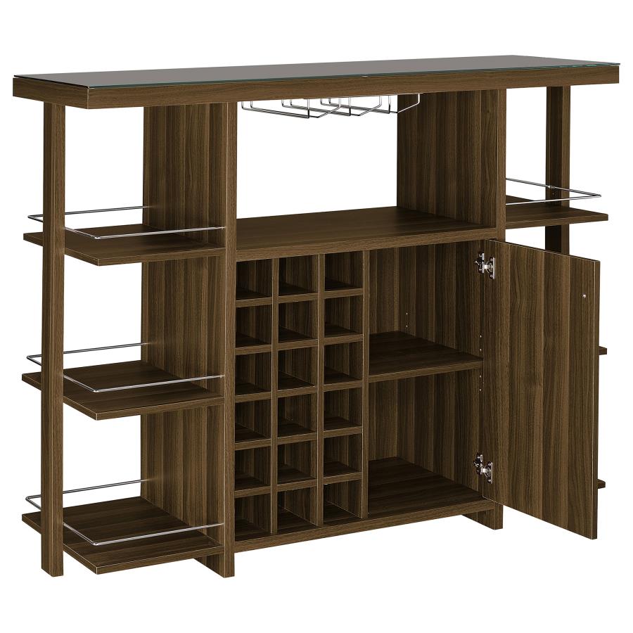 Coaster 3-Tier Bar Unit, 18 Bottle Wine Rack W / Stemware Rack Walnut Wood Glass