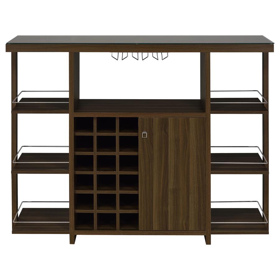 Coaster 3-Tier Bar Unit, 18 Bottle Wine Rack W / Stemware Rack Walnut Wood Glass