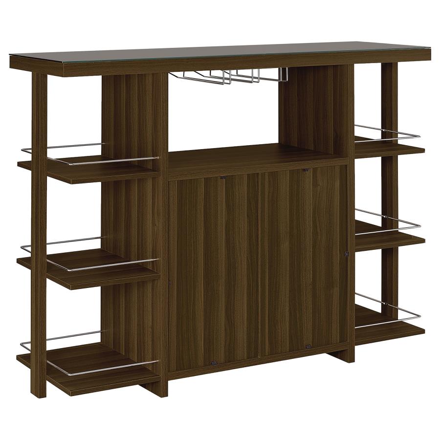 Coaster 3-Tier Bar Unit, 18 Bottle Wine Rack W / Stemware Rack Walnut Wood Glass