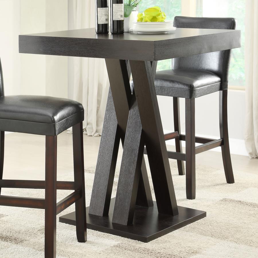 Contemporary Double X-Shaped Base Square Bar Gameroom Table Cappuccino