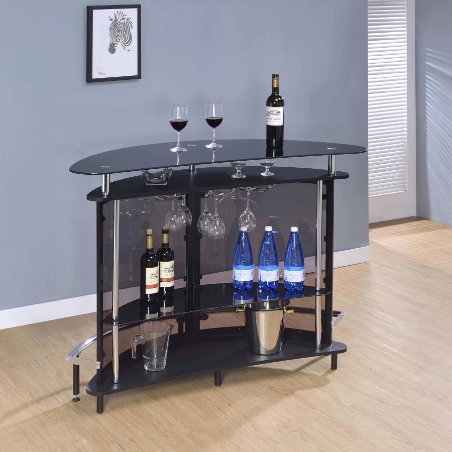 Modern Black Finish Curved Front Bar With Tempered Glass Shelves / Chrome Accent