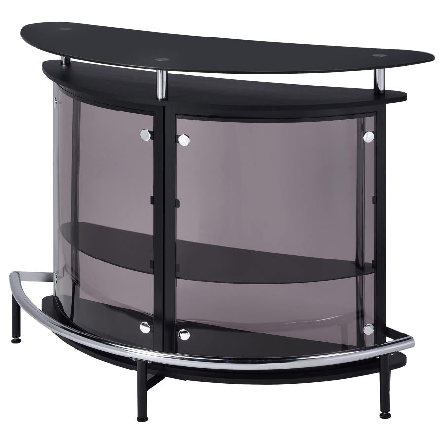 Modern Black Finish Curved Front Bar With Tempered Glass Shelves / Chrome Accent