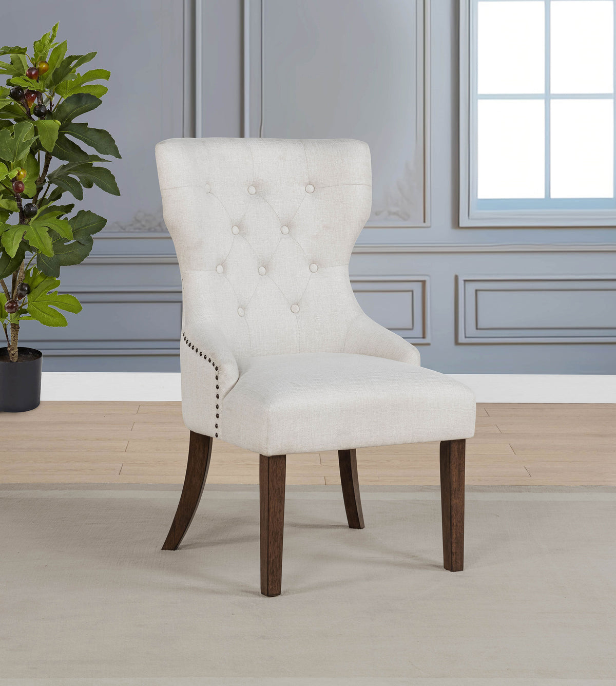 Baney Button-Tufted Wingback Dining Side Chair Beige and Dark Oak